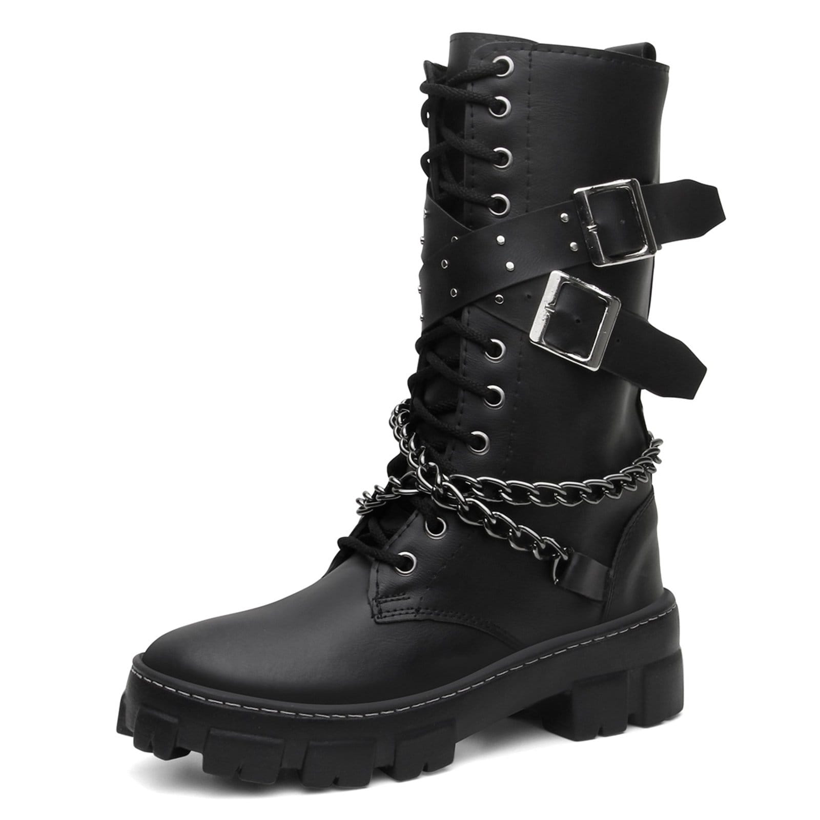 Bota Feminina Correntes Ônix Cano Longo Preta Tratorada Unissex