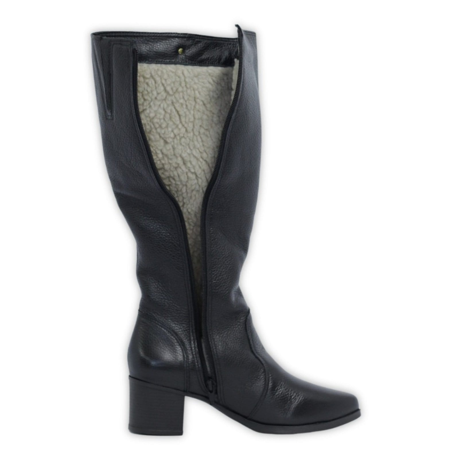 Bota Feminina Lã Sintética Bico Fino Cano Longo Couro Salto 4 Cm