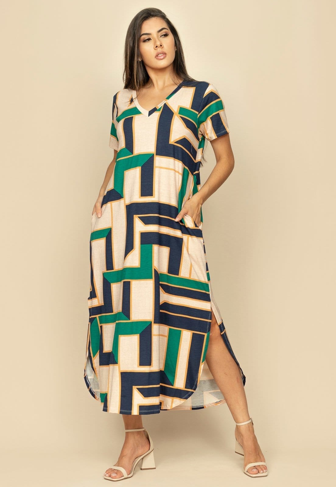 Vestido Midi Abapã Malha com Bolso Estampa Chapada de Areia