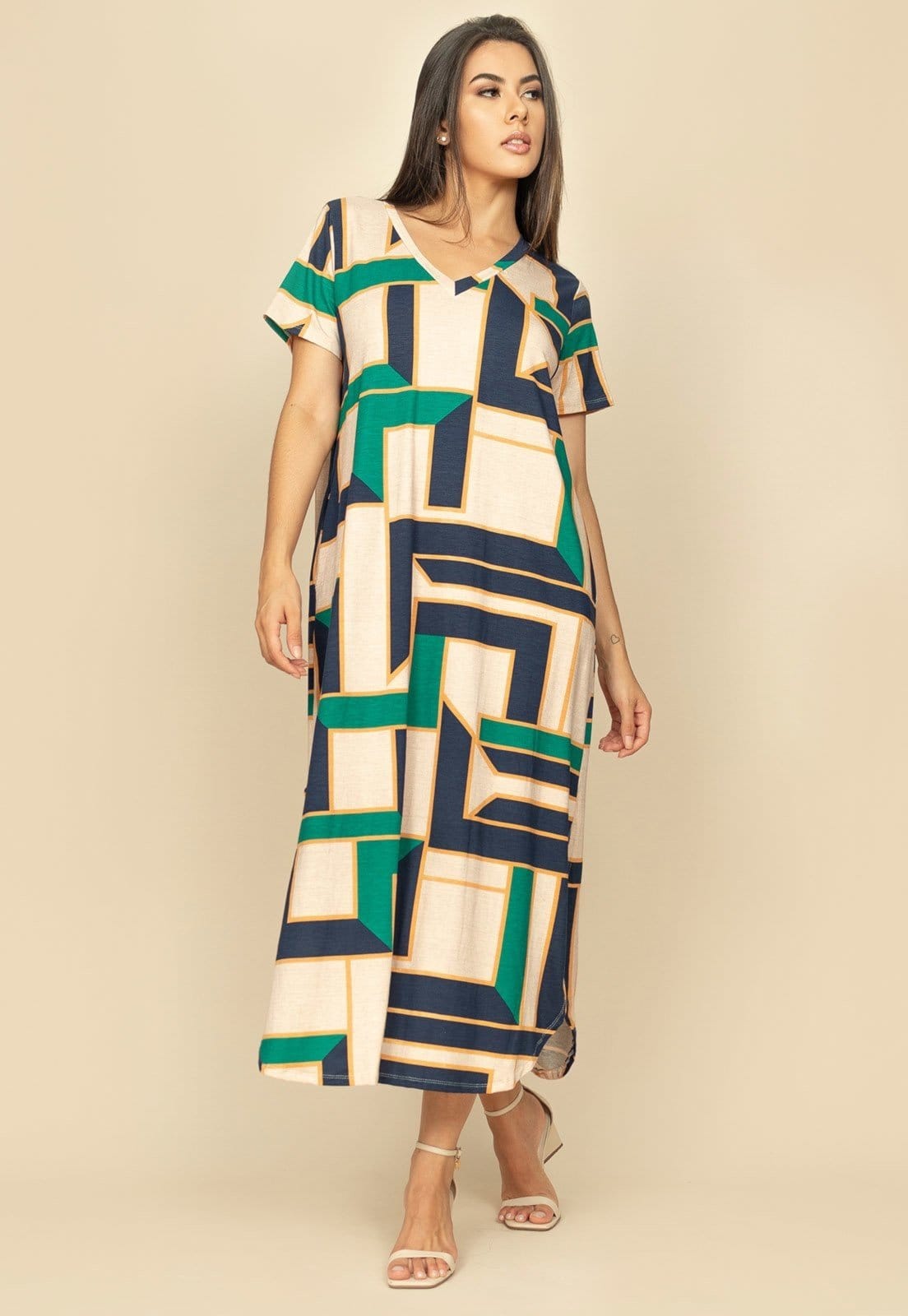 Vista 2 Vestido Midi Abapã Malha com Bolso Estampa Chapada de Areia Cabanafree bege/estampado/multicolorido