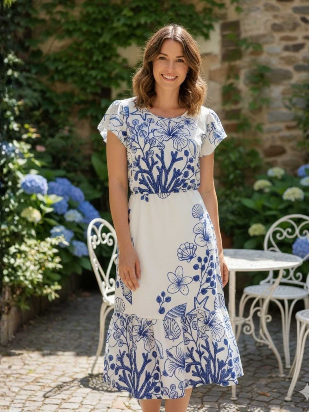 Vestido Estampado Manga Curta Moda Verão Casual Confortável Elegante