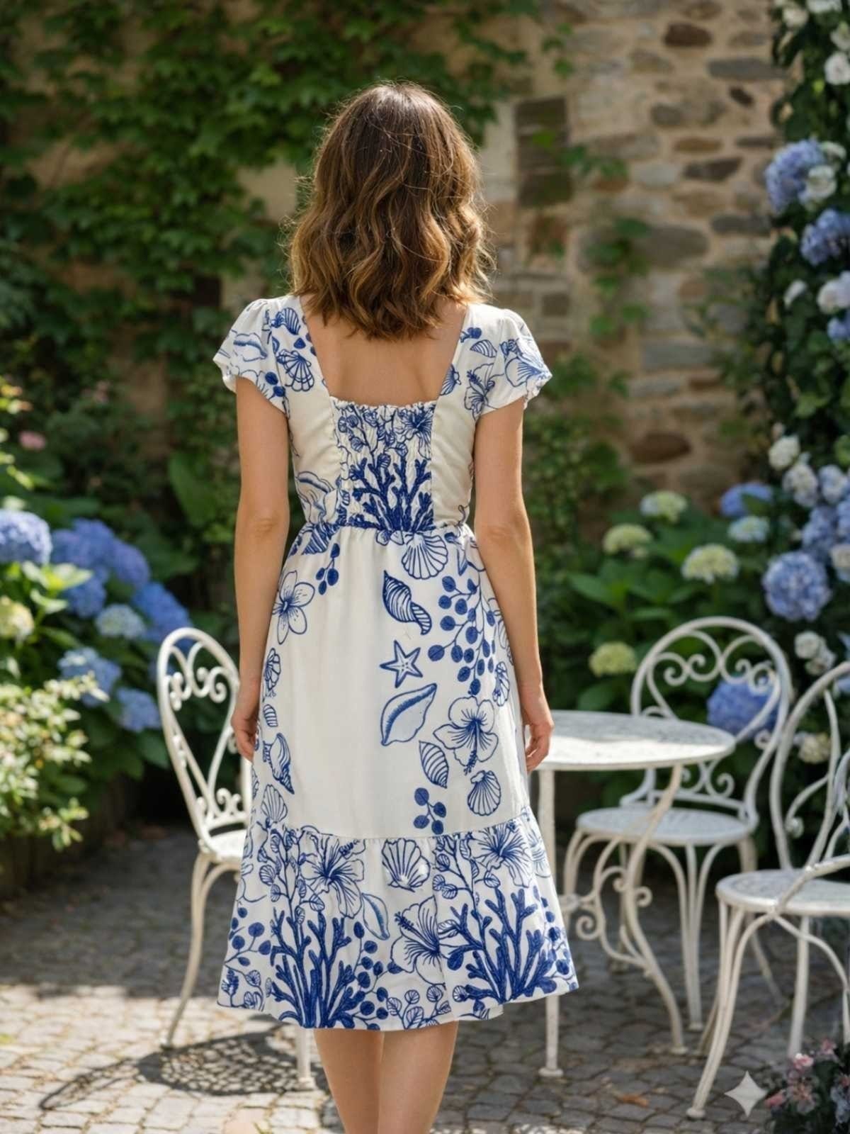 Vista 2 Vestido Estampado Manga Curta Moda Verão Casual Confortável Elegante Docce Mulher azul