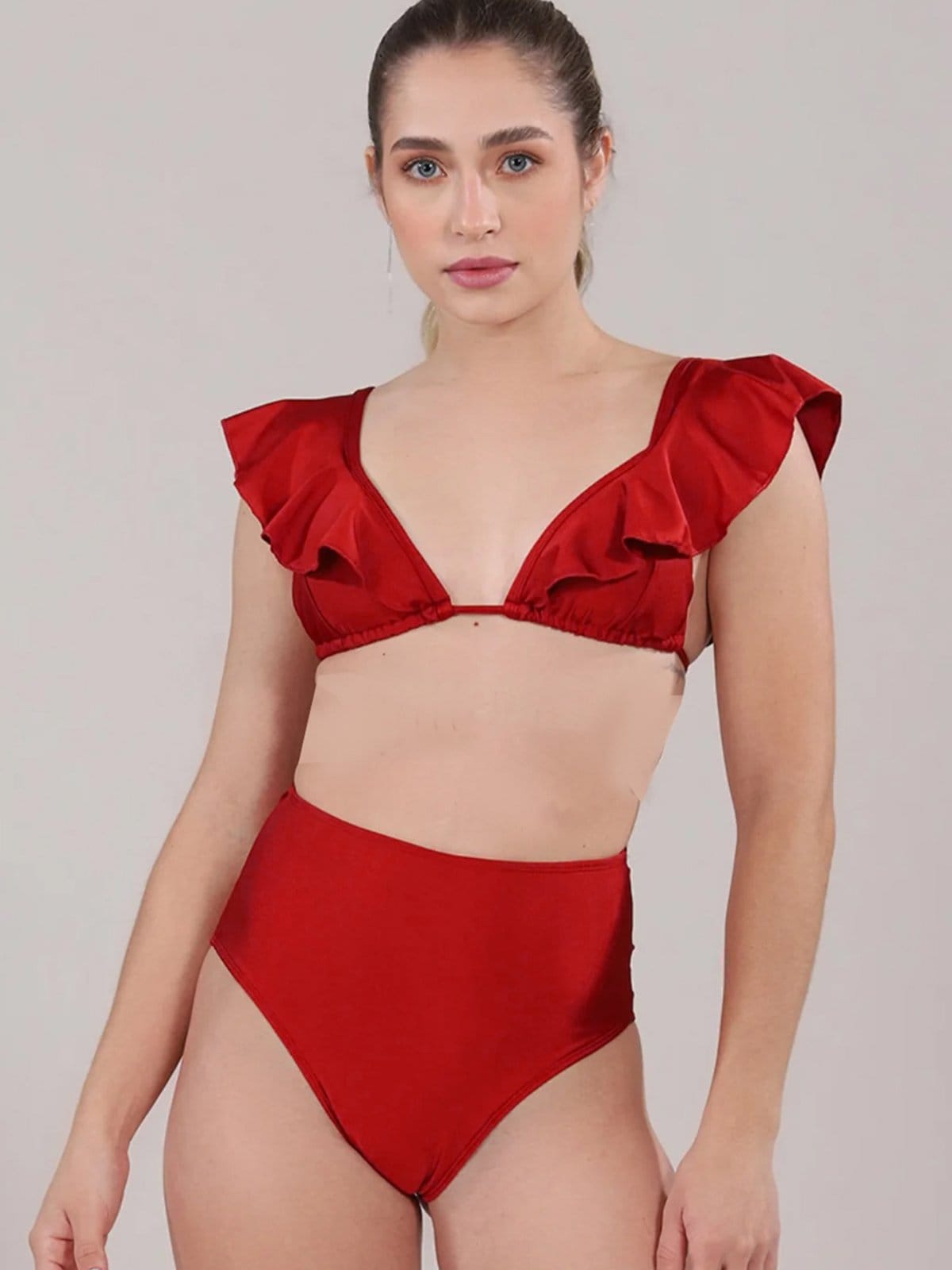 Biquini Top Alça com Babado e Calcinha Hot Pants Cintura Alta Proteção UV 50 Blogueira 136 VRM