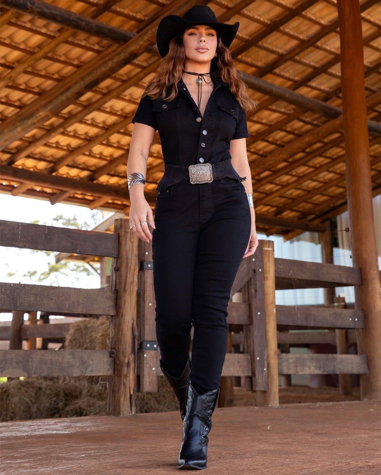 Macacão Jeans Black Skinny Feminino Básico 23681 Preto