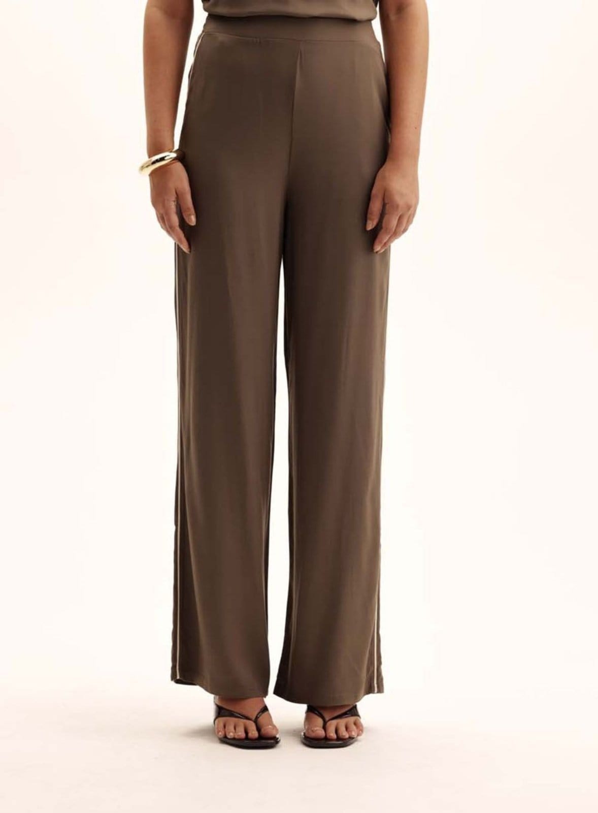 Calça Feminina Reta Cós Elástico Triton Verde/Bege