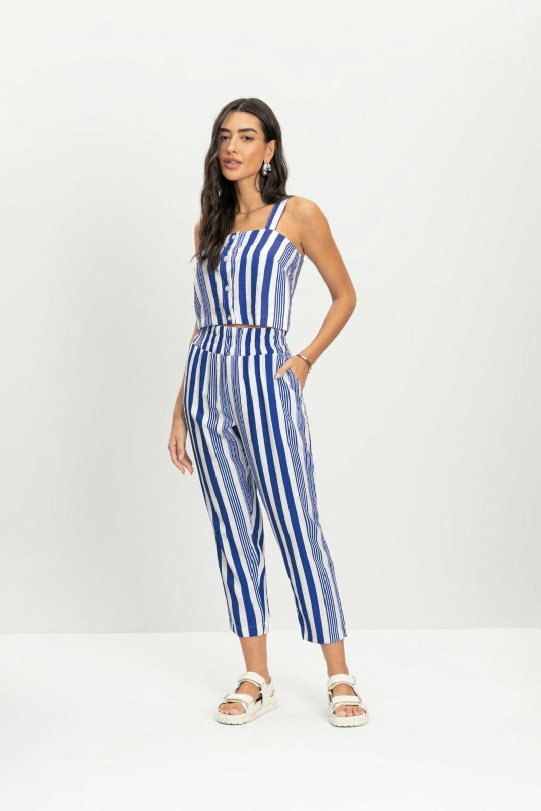 Calça feminina alfaiataria listrada Essendi