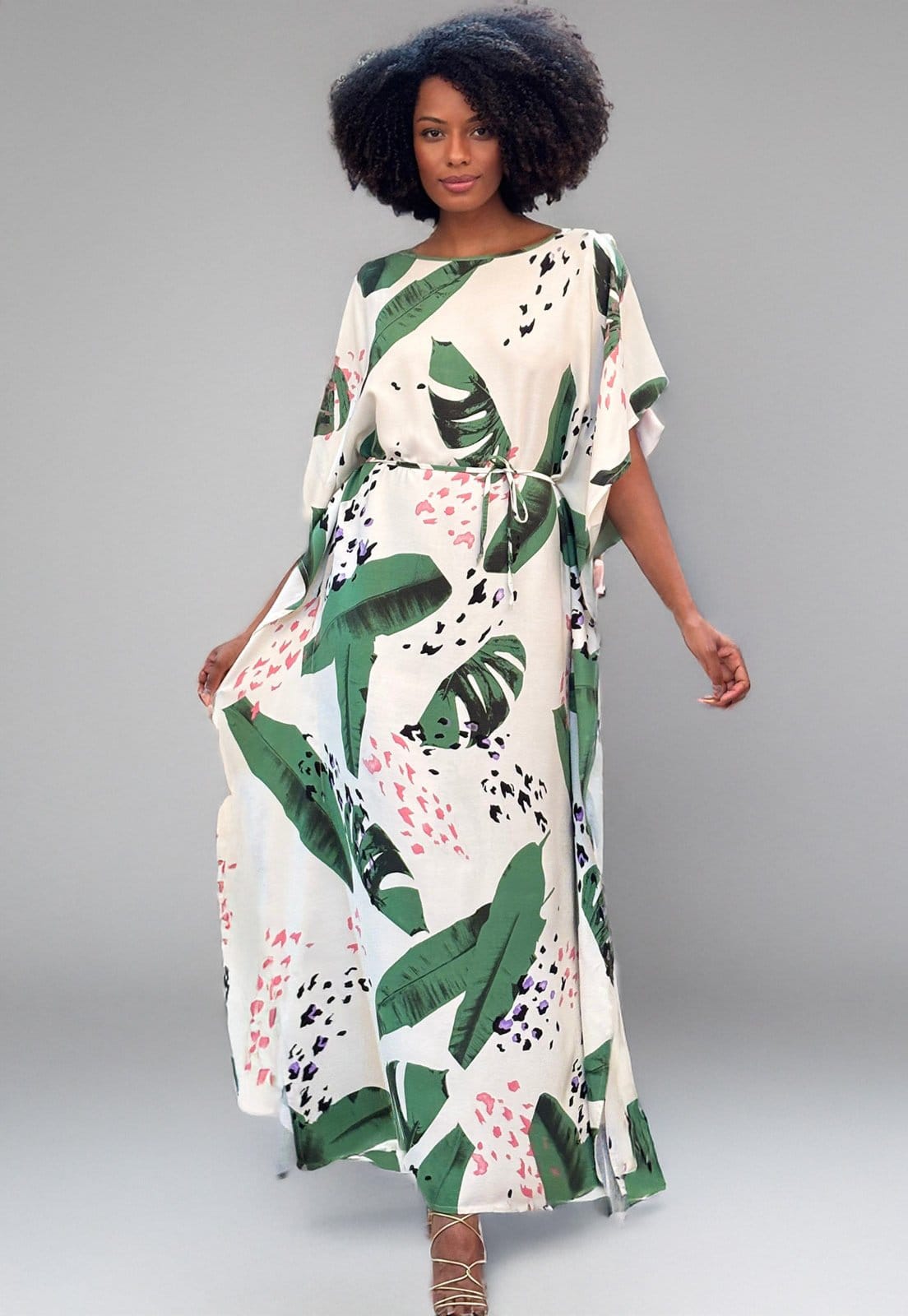 Vista 2 Vestido Amazonia Vital Kaftan Viscose Longo Estampa Folhagem Poética Amazonia Vital branco/estampado/verde
