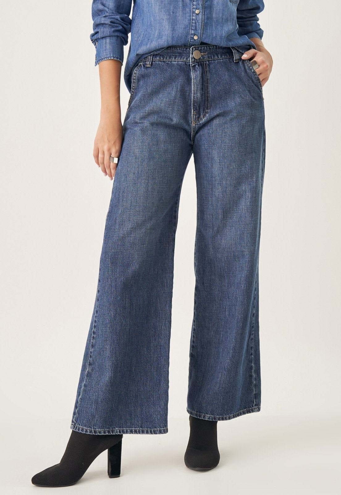 Calça Jeans Wide Bolso-Faca Elástico Cintura Atrás Azul Médio