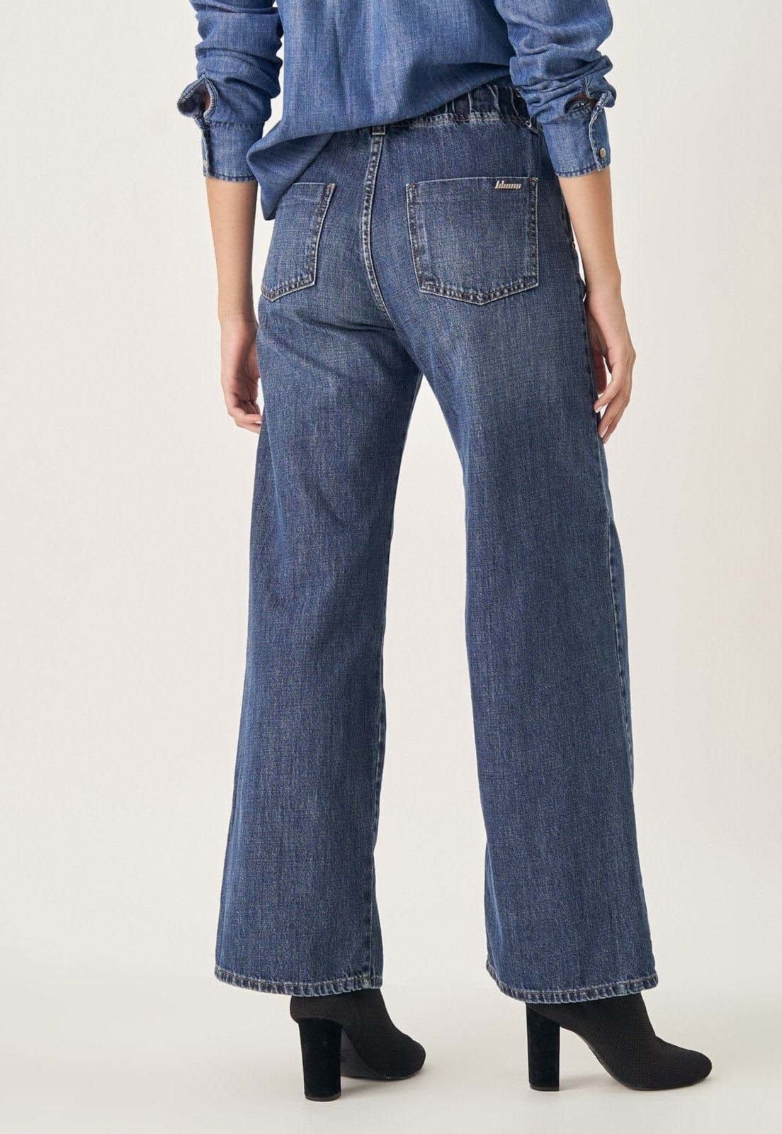 Vista 2 Calça Jeans Wide Bolso-Faca Elástico Cintura Atrás Azul Médio Bloom jeans azul