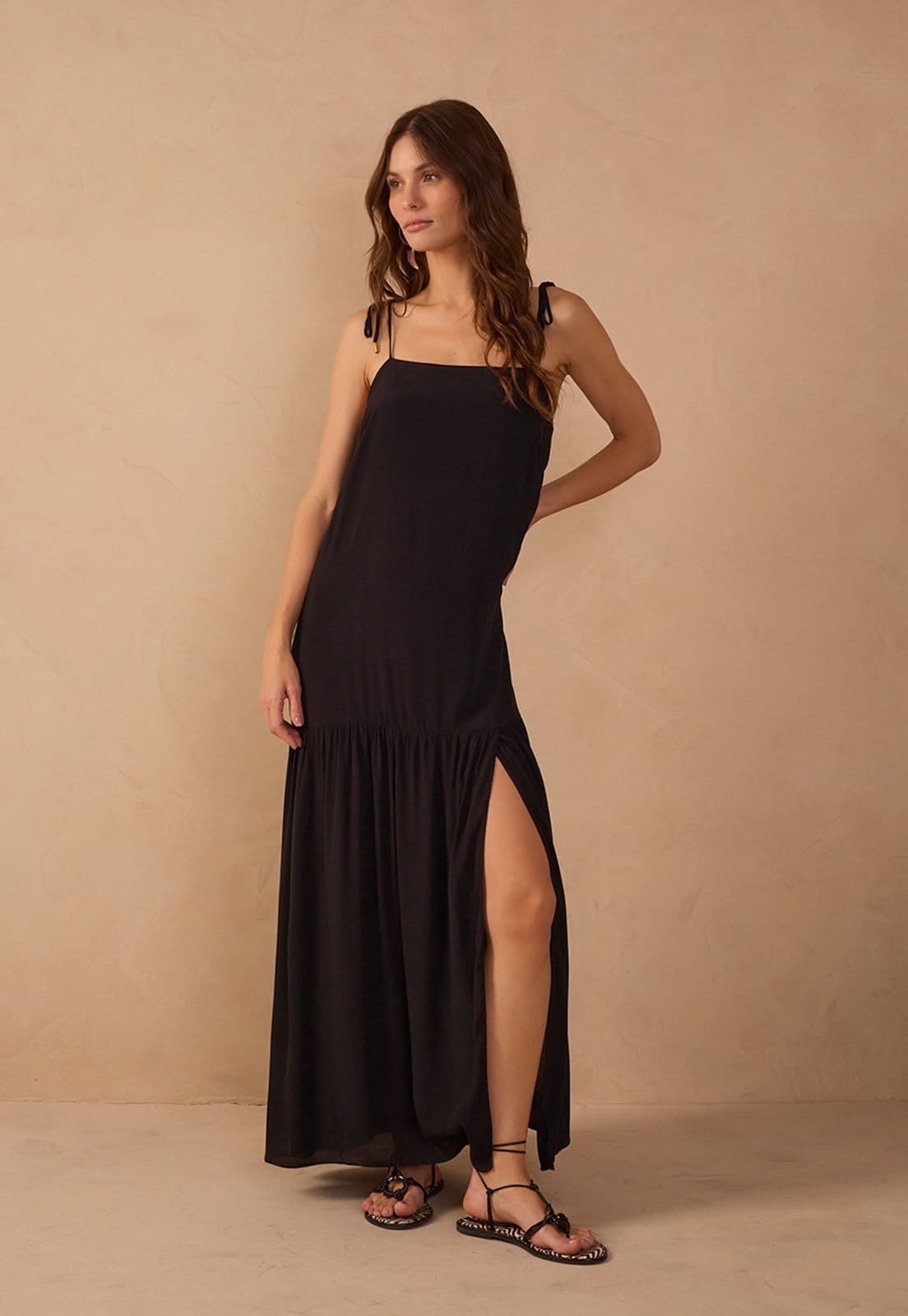 Vista 2 Vestido Longo Feminino Dress To Alças Amarração Dress to preto