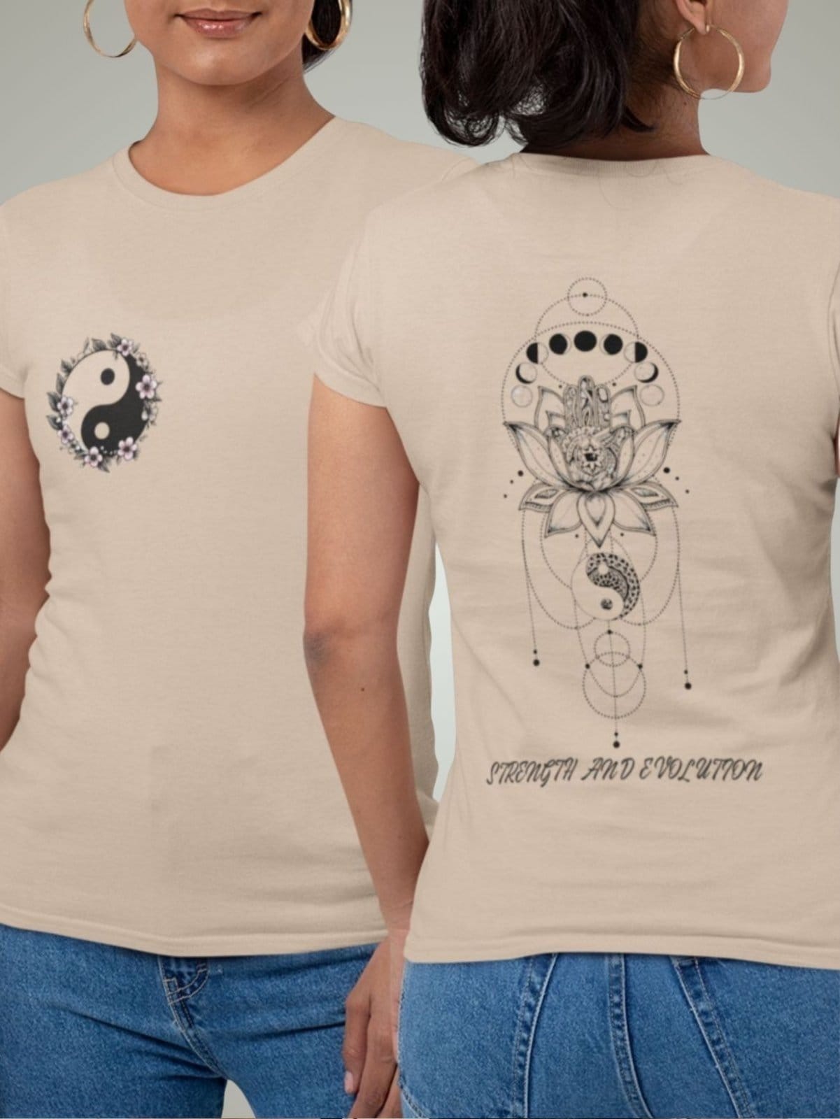 Camiseta Básica Feminina GuGi Flor De Lótus Yin Yang Nas Costas E Frente Caqui