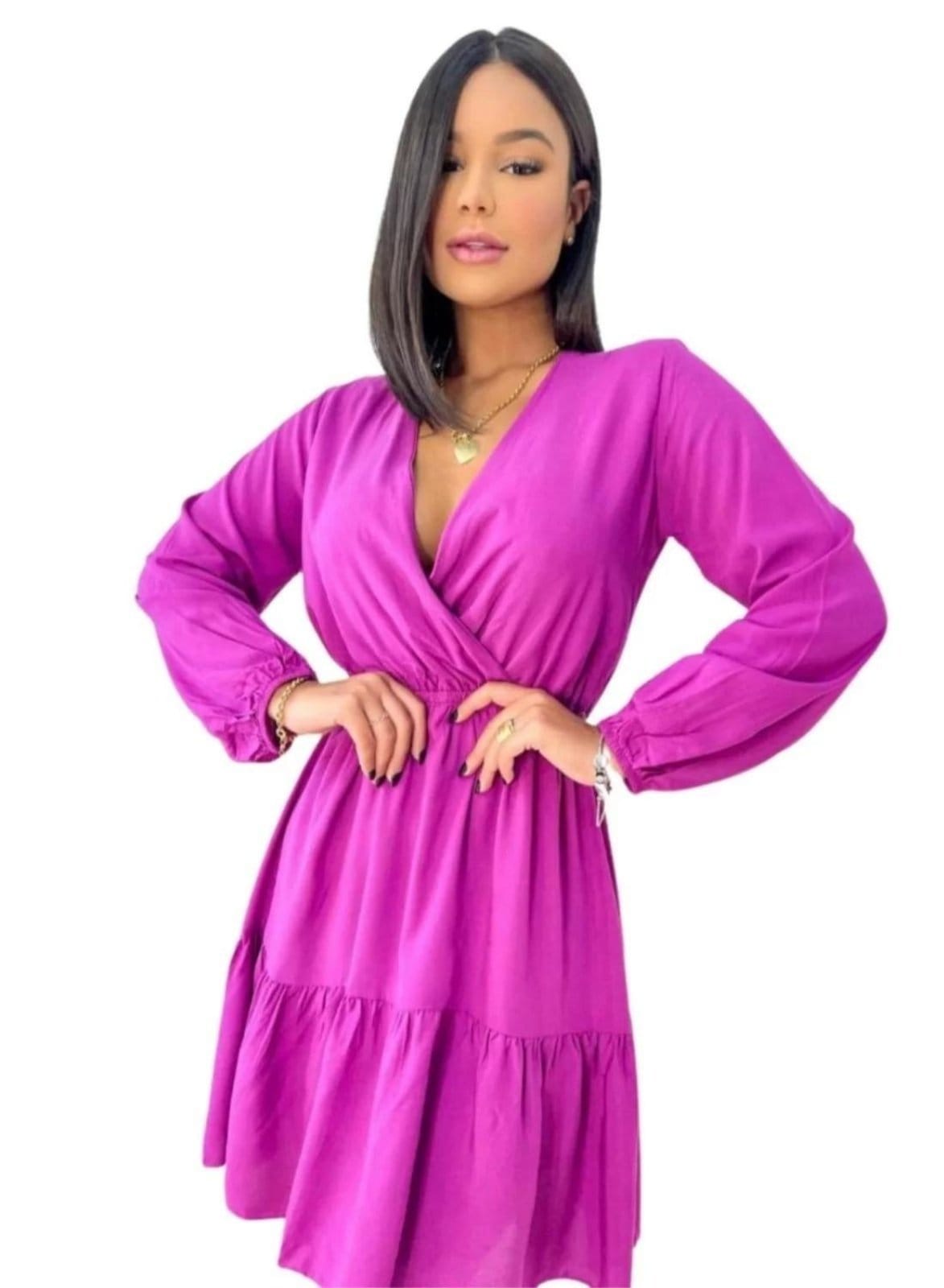 Vista 2 Vestido Curto Transpasse Viscose Fúcsia Cia do Vestido roxo