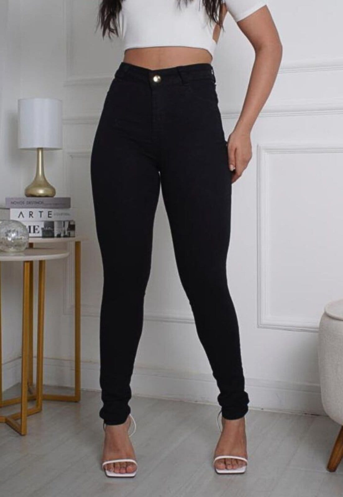 Vista 2 Calça Skinny Feminina jeans Preta Cintura Alta com Elastano Premium Elegante ED E A E JEANS preto