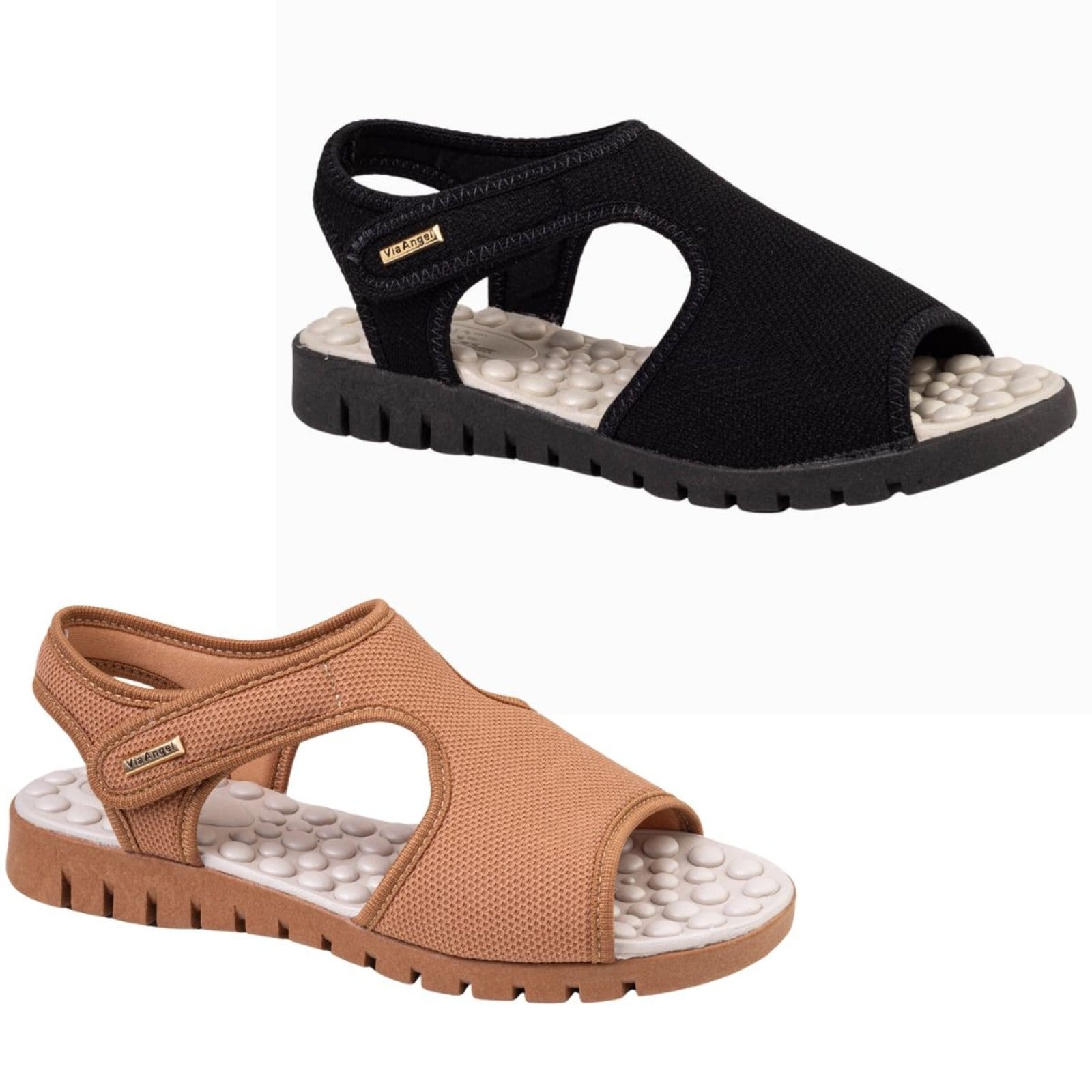 Kit 2 Sandalia Ortopédica Feminina Calce Fácil Confortável leve Anatômica Via Angel 7601. Preto e Caramelo