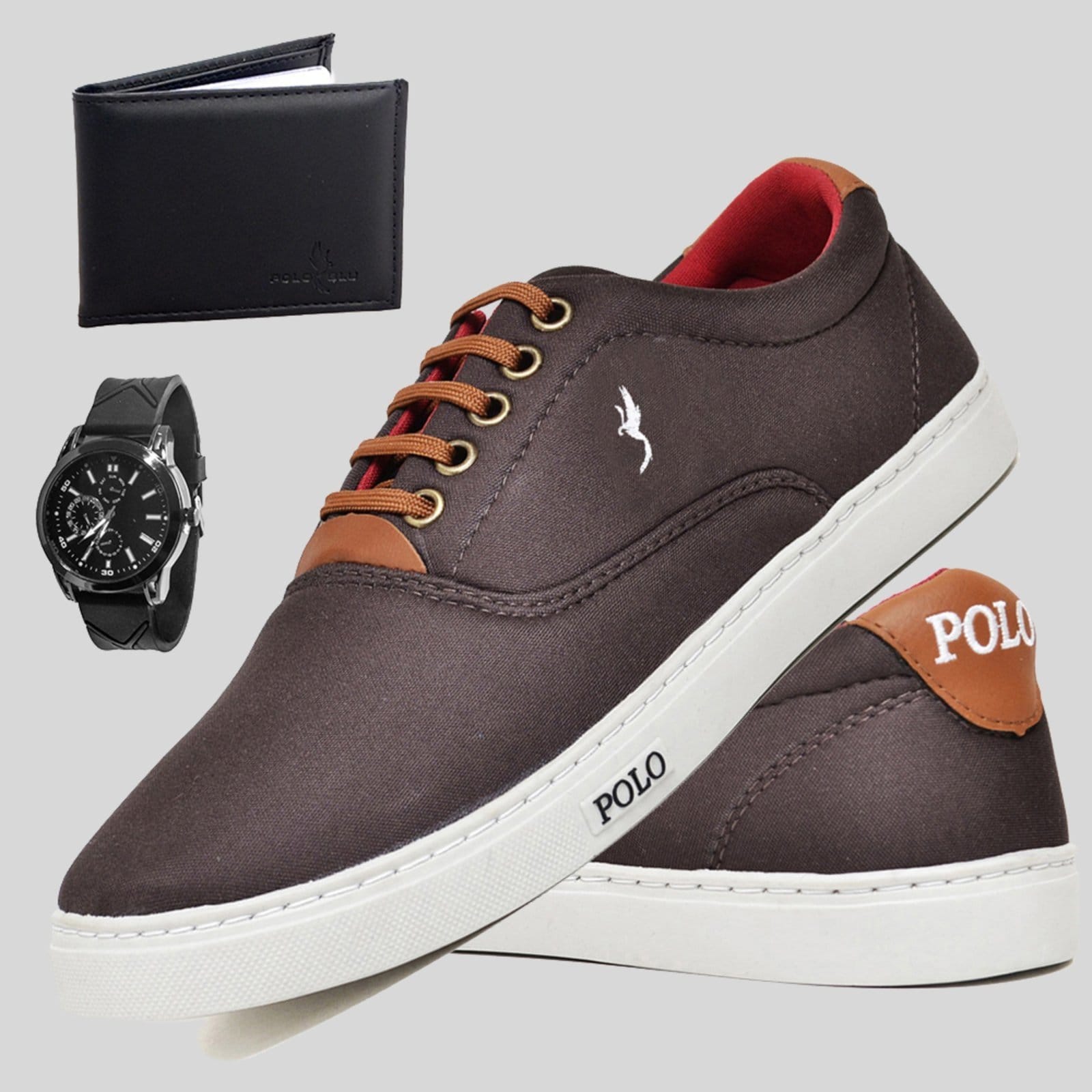 Sapatênis Casual Masculino Cano Baixo Kit Relógio e Carteira Polo Blu Marrom