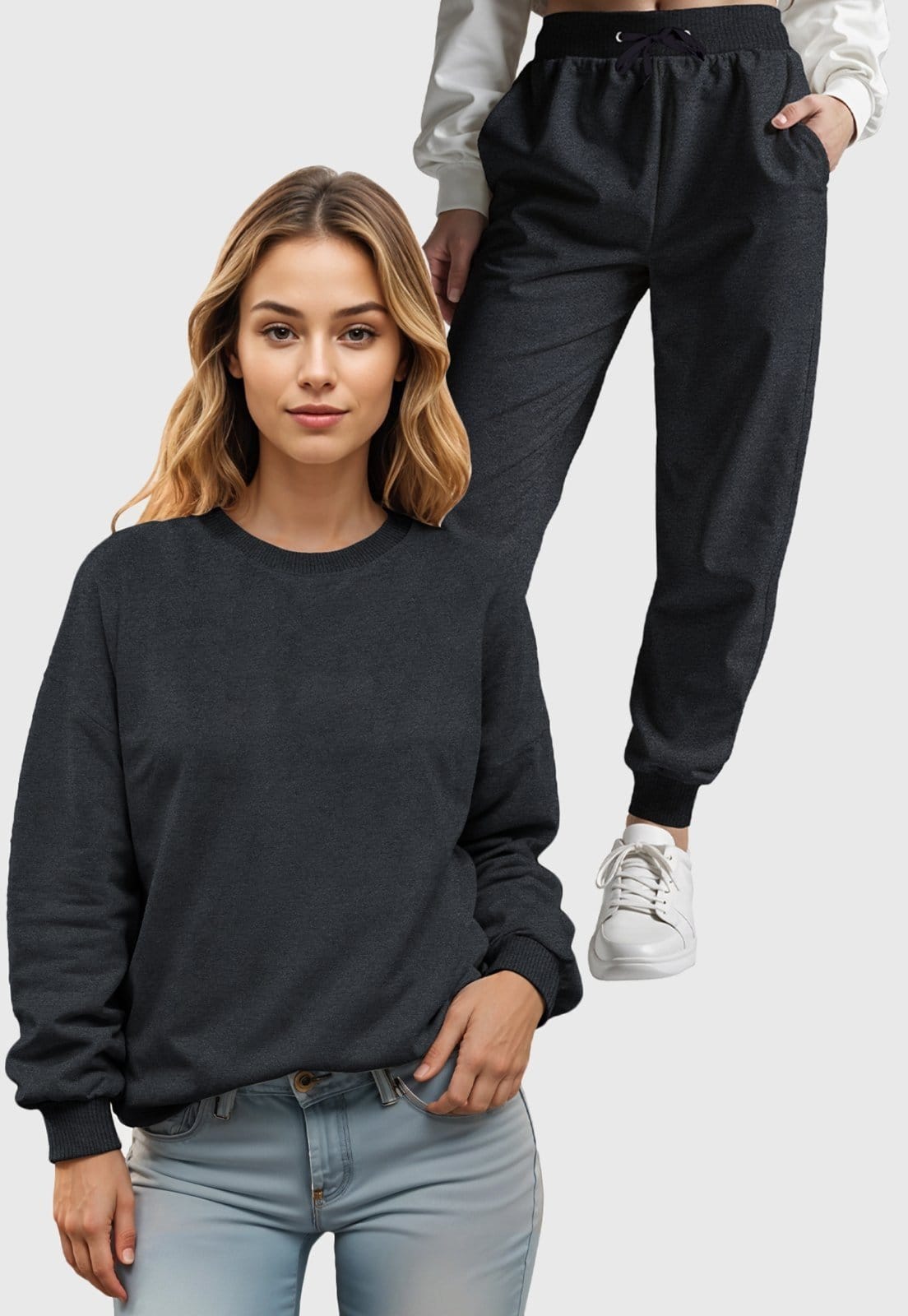 Vista principal Conjunto Moletom Liso Gola Redonda e Calça Feminino Benellys Chumbo Benellys grafite