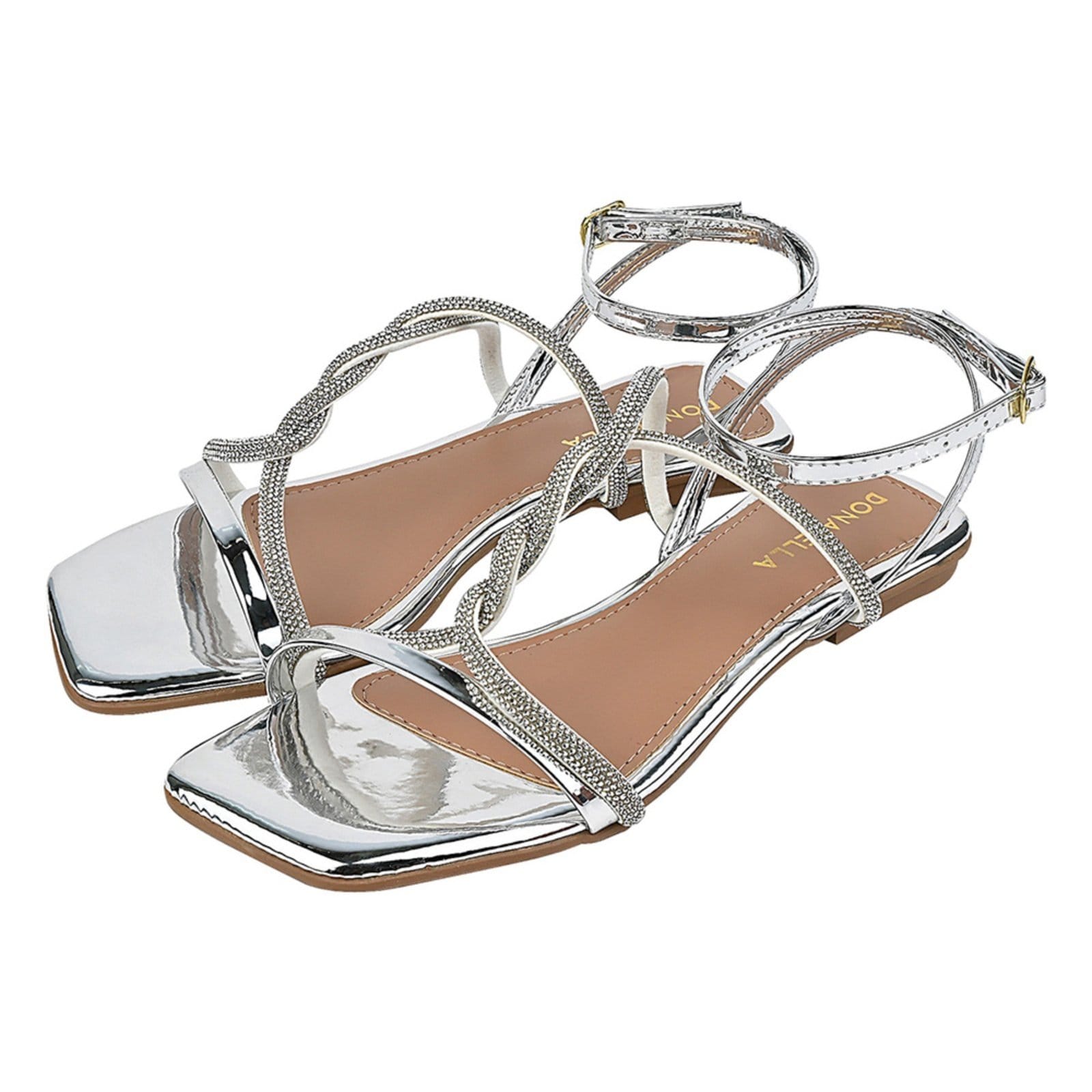 Sandália Rasteira Feminina Donatella Bico Quadrado Brilho Strass Metalizado Trança Novo