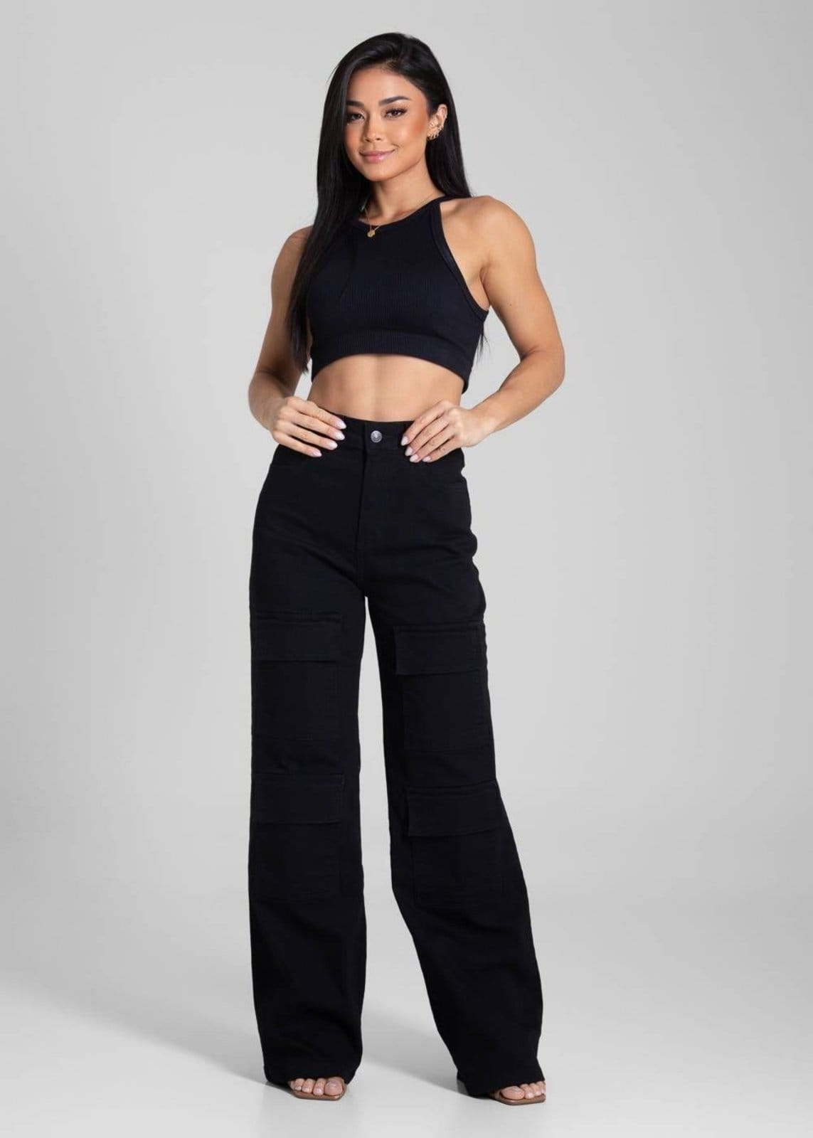 Vista 2 Calça Sarja Sawary Wide Leg - 281947 Sawary preto