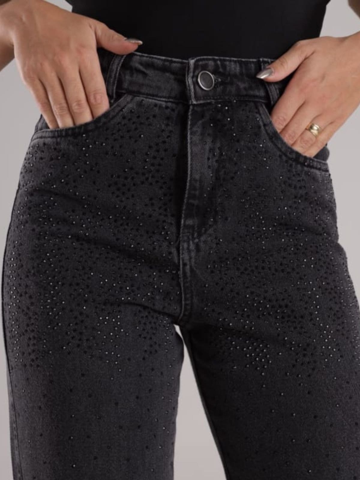 Calça Donna De Paula Wide Leg Grafite Com Brilhos E Strass Cintura Alta Feminina