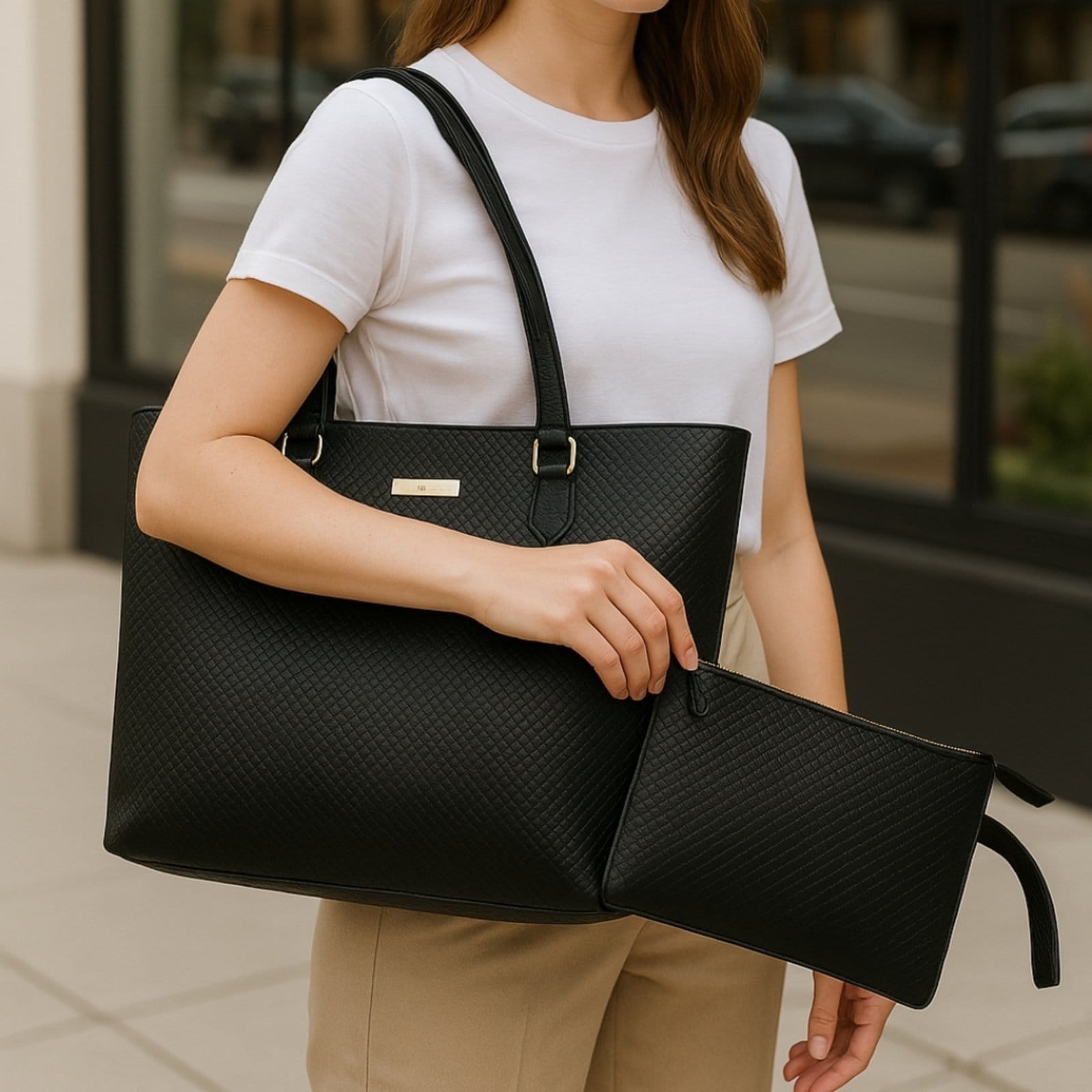 Kit 3 Peças Bolsa Shopper Com Alça De Ombro Bolsa Média TiraColo Ajustável E Nécessaire