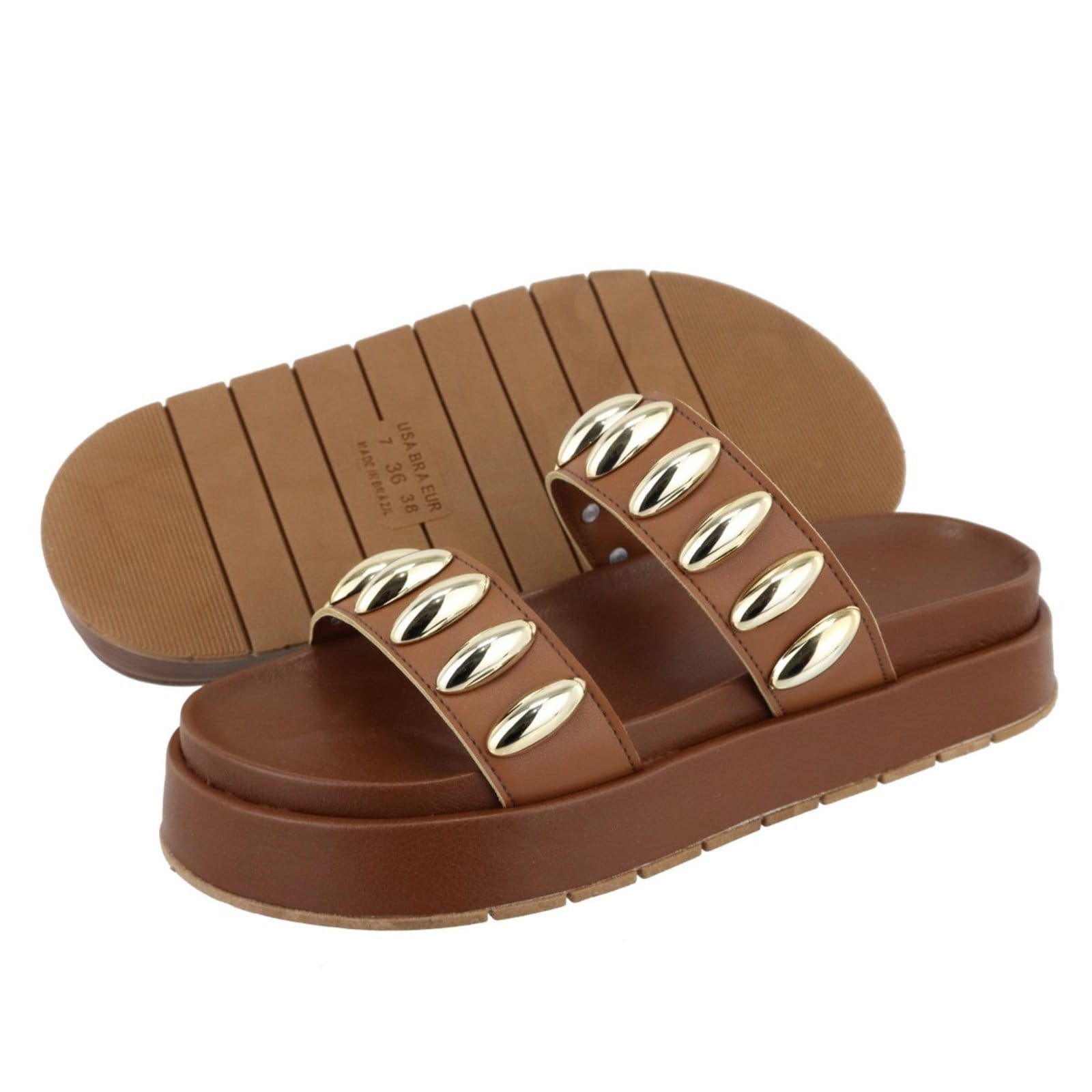 Vista 2 Sandalia Papete Flatform Feminina Metais Sola Alta TELLINI STORE caramelo