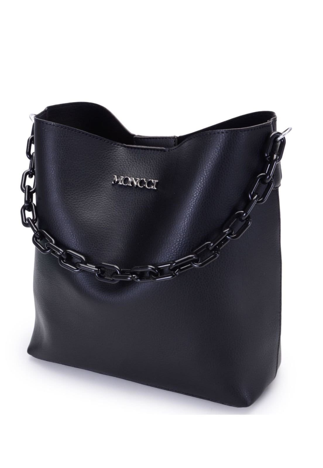 Vista 2 bolsa sacola feminina saco media tiracolo com corrente MONCCI preto