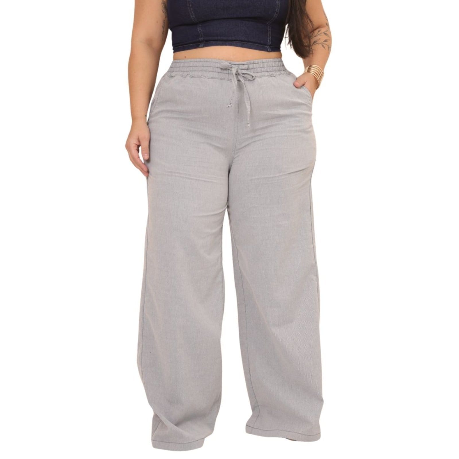 Calça Pantalona Plus Size Jeans Loka Feminina Com Elastico na Cintura