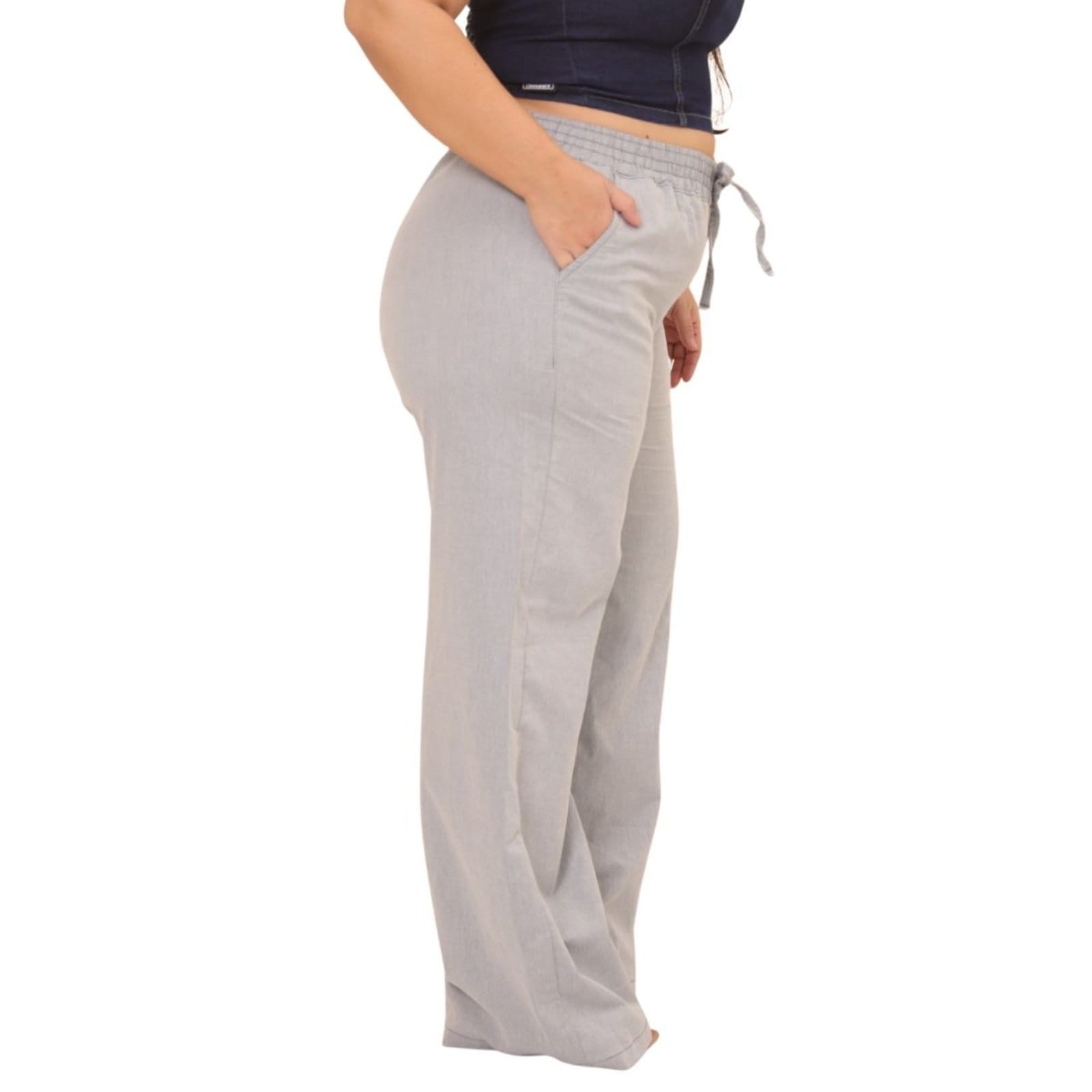 Vista 2 Calça Pantalona Plus Size Jeans Loka Feminina Com Elastico na Cintura Jeans Loka cinza