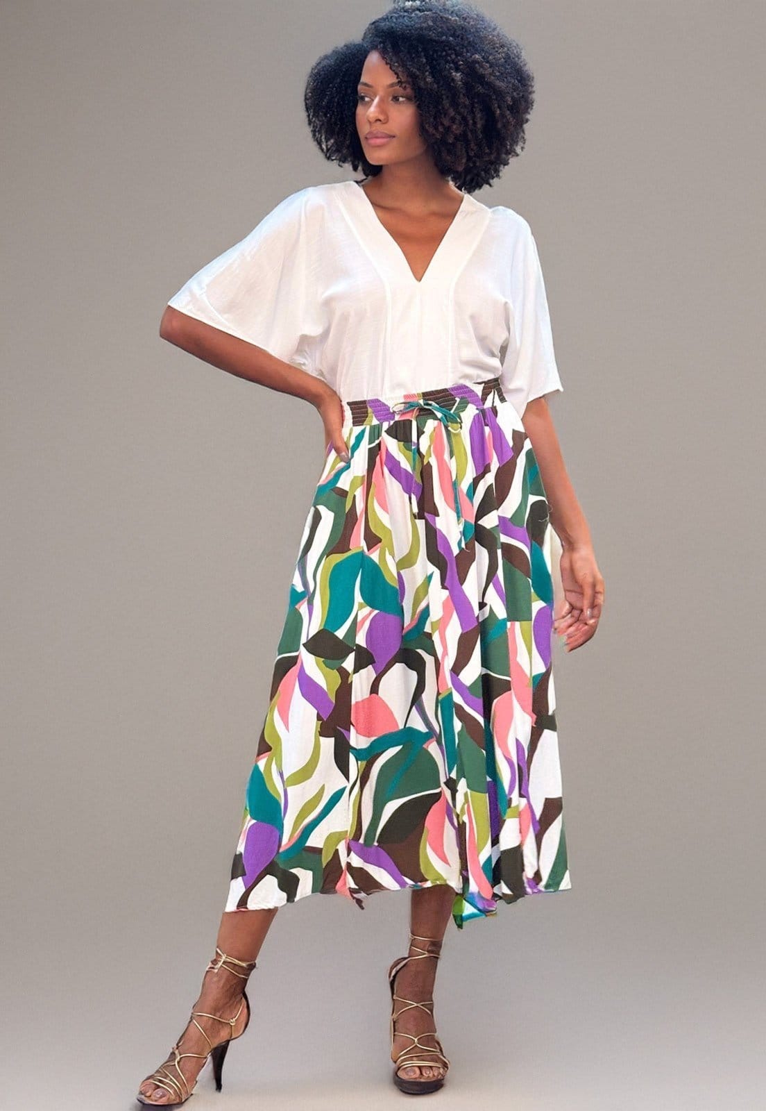 Vista 2 Saia Amazonia Vital Longa Viscose Estampa Encanto Botânico Amazonia Vital branco/estampado/lilás/rosa/verde