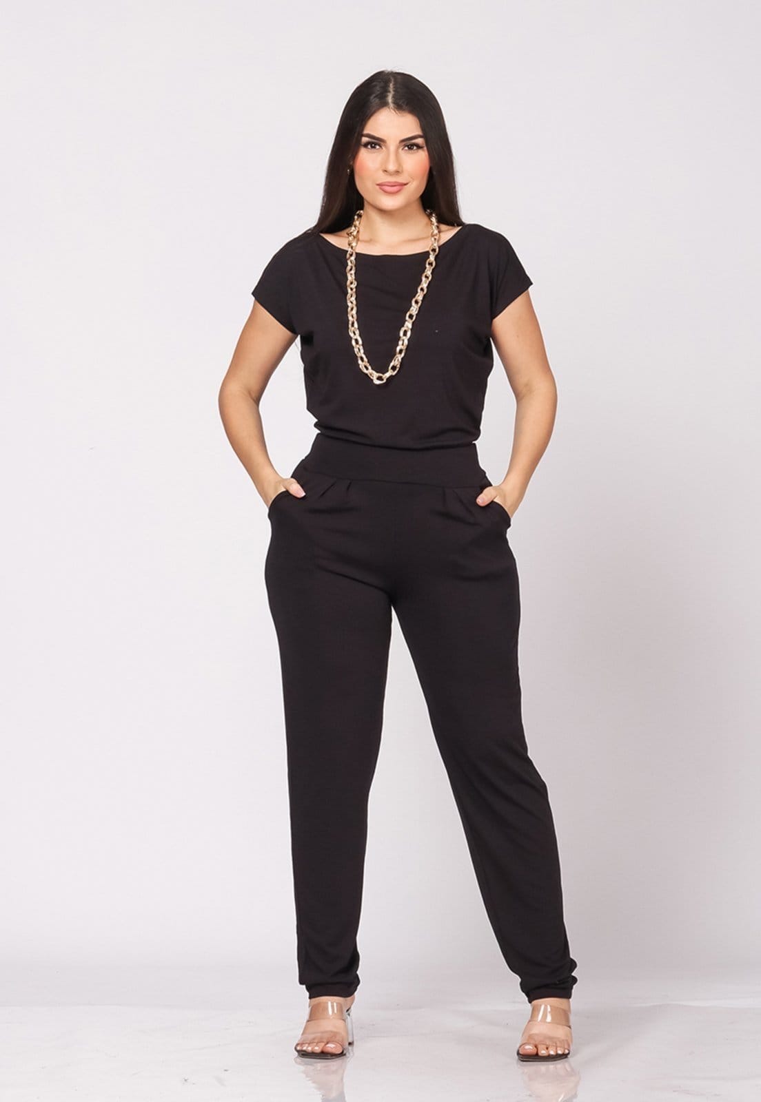 Vista 2 Macacão Longo C Decote Canoa B'Bonnie BBonnie preto