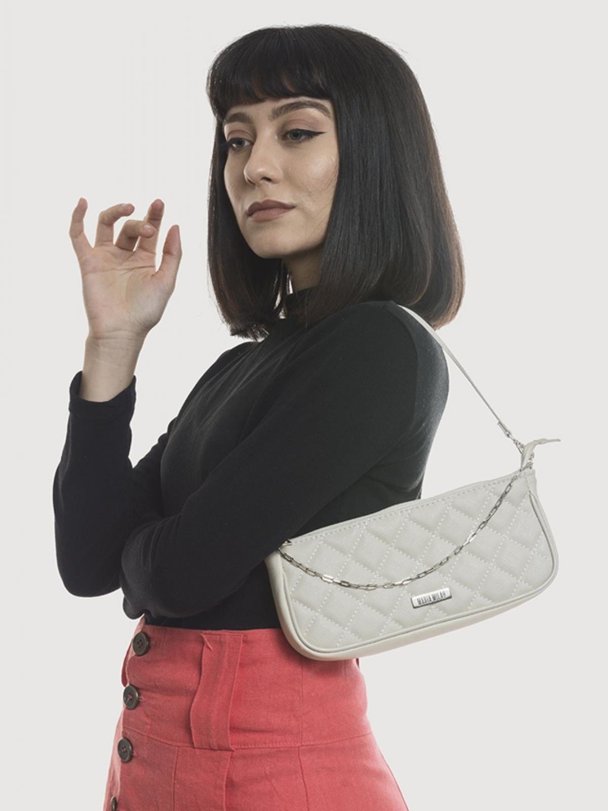 Bolsa Transversal Maria Milão Baguete Matelassê Corrente Off-White