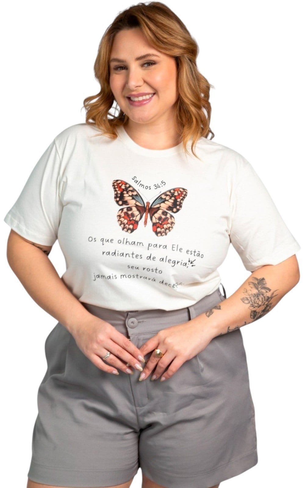 Camiseta Feminina Cianitas Off Estampa Borboleta Salmos 34-5