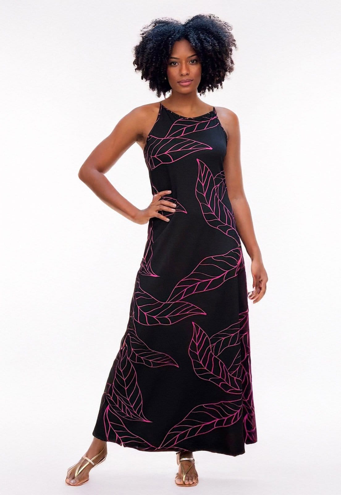 Vestido Cabanafree Longo Malha Trapézio Estampa Antúrios