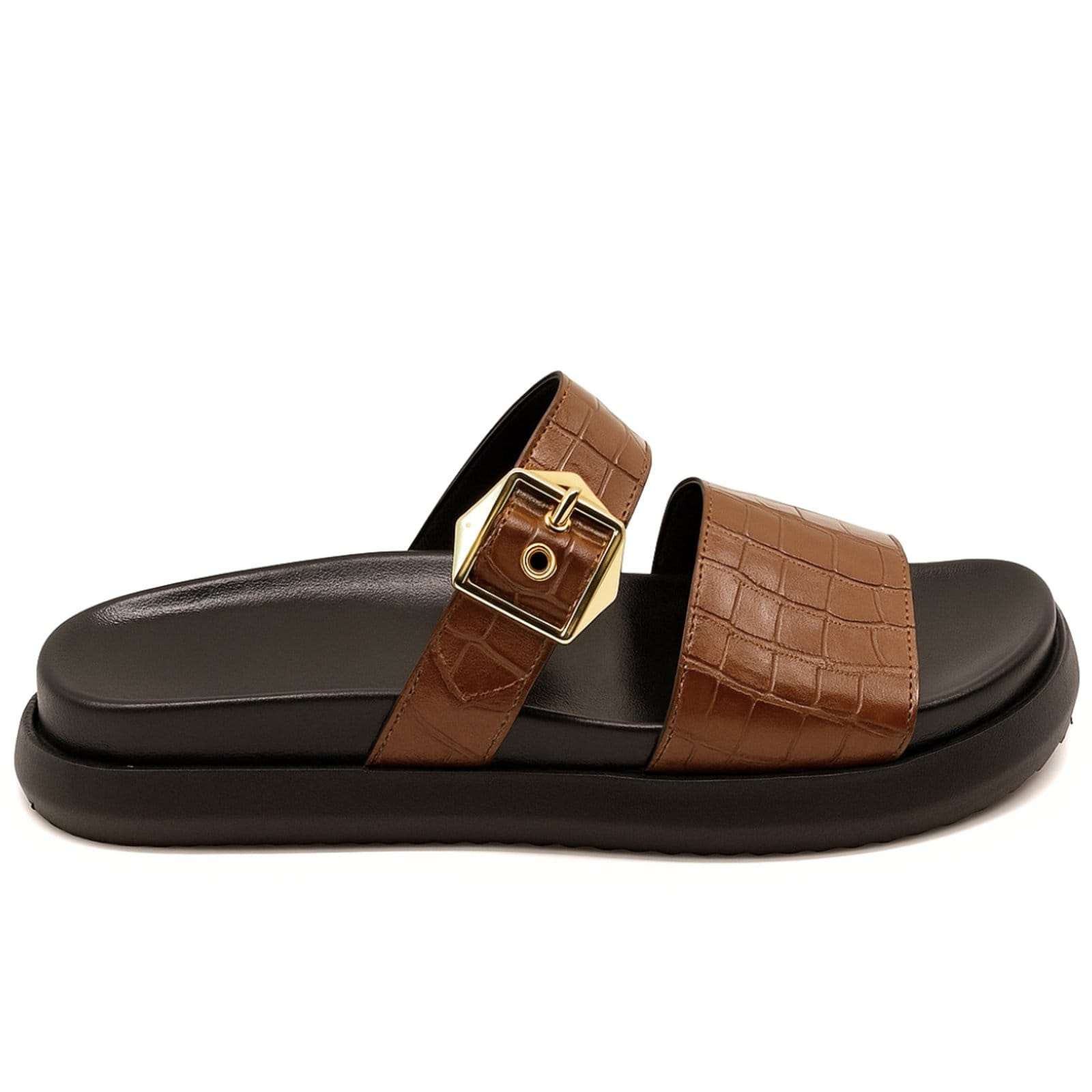 Vista 2 Papete Flatform Feminina Leve e Confortável Tiras Croco Cacau 006 Hannah Footwear marrom