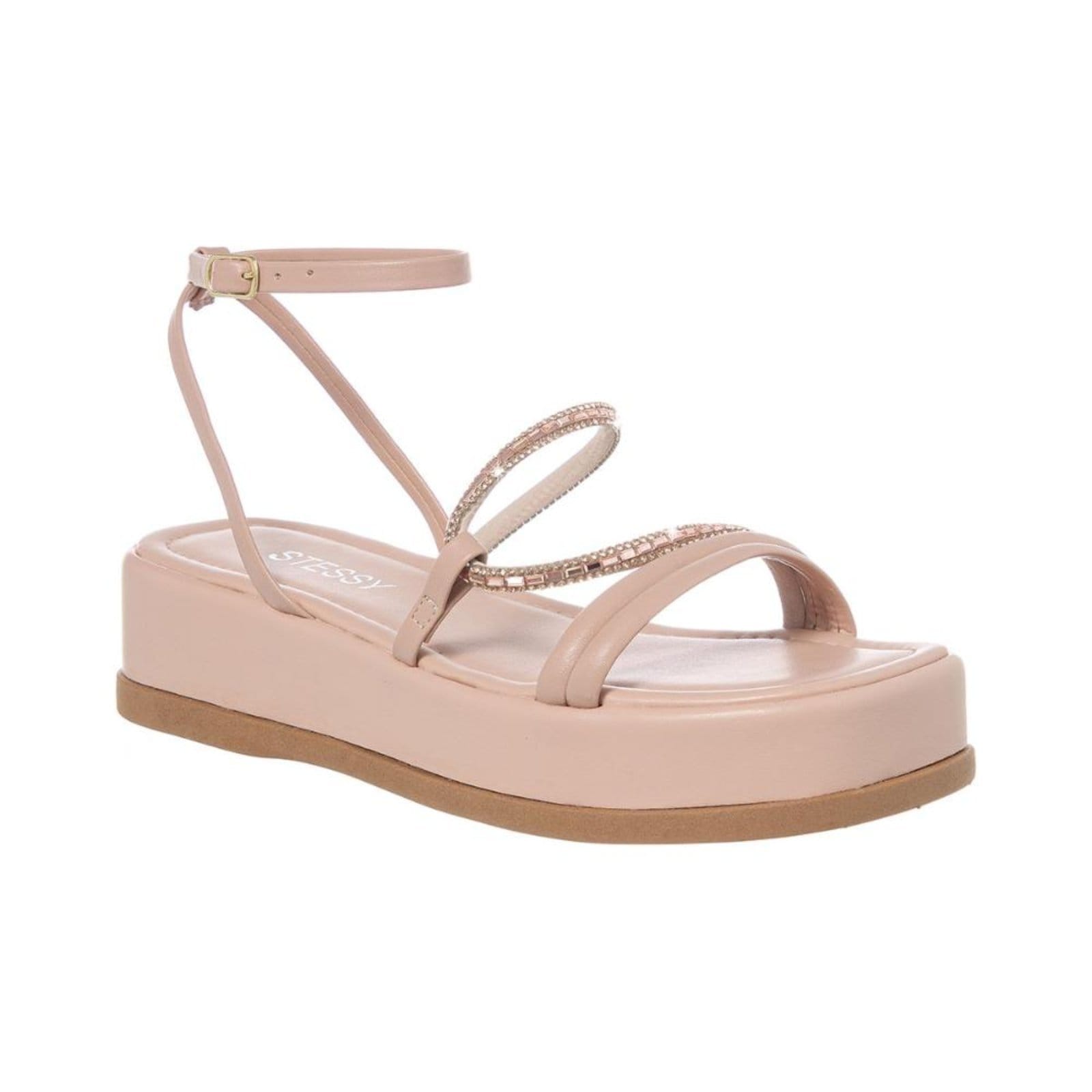 Sandália Plataforma Papete Flatform Feminina Brilho Strass Rose
