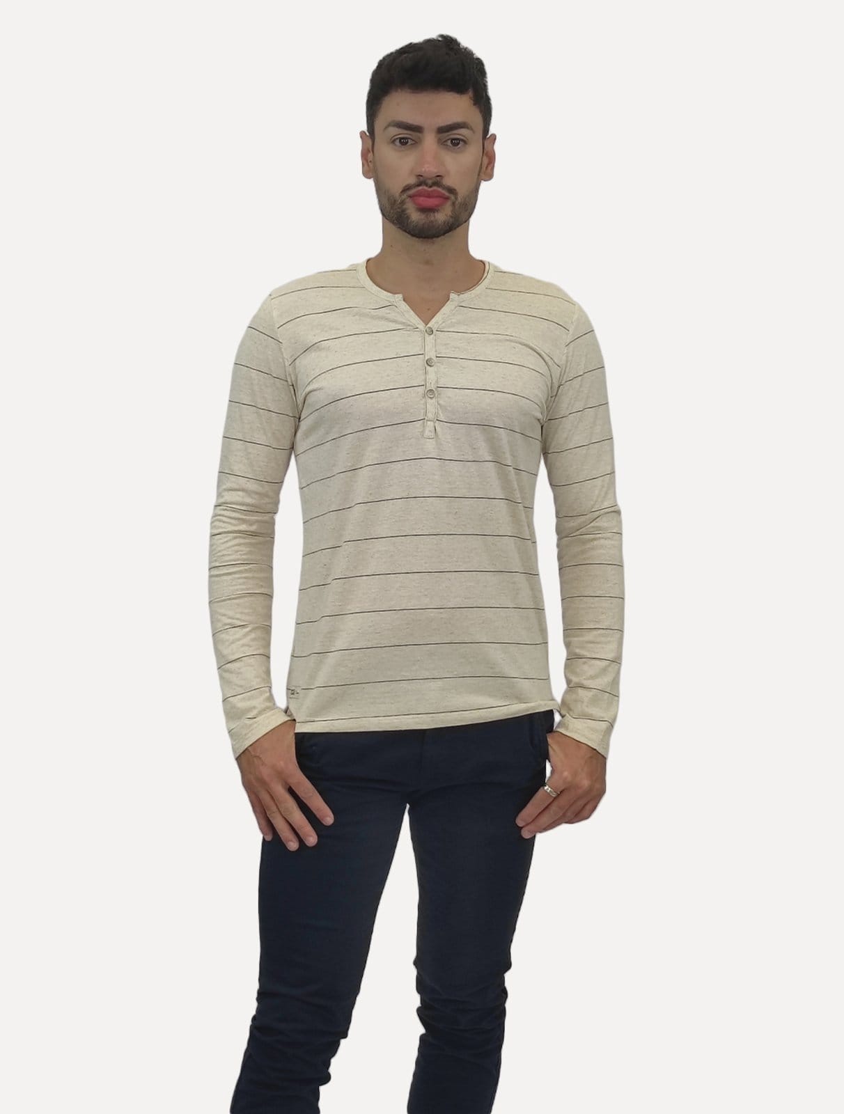 Camisa King & Joe Bata Masculina Manga Longa Henley Listrada Off-White