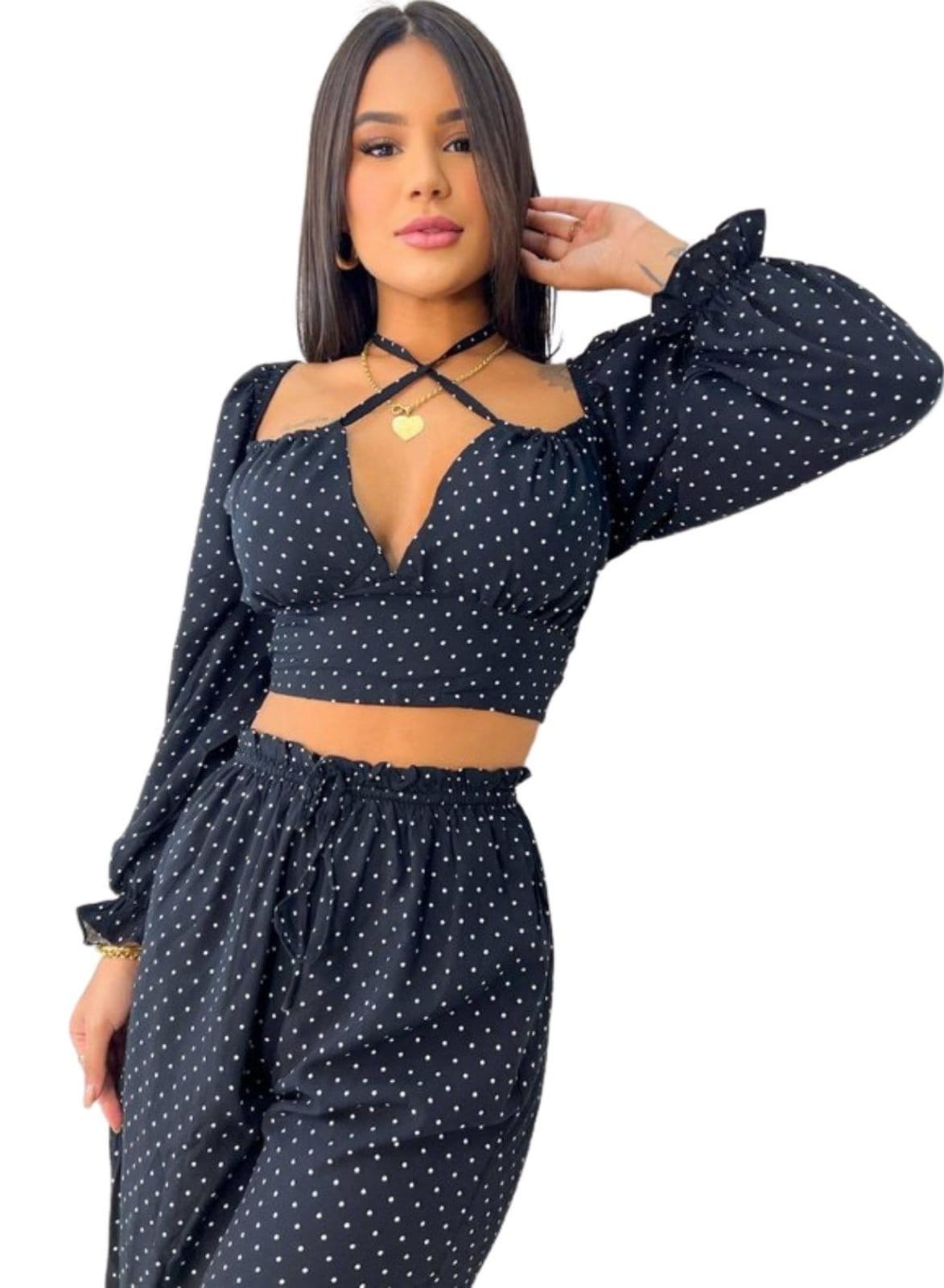 Vista 2 Calça Wide Leg Jasmin Viscose Poá e Cia do Vestido branco/poás/preto