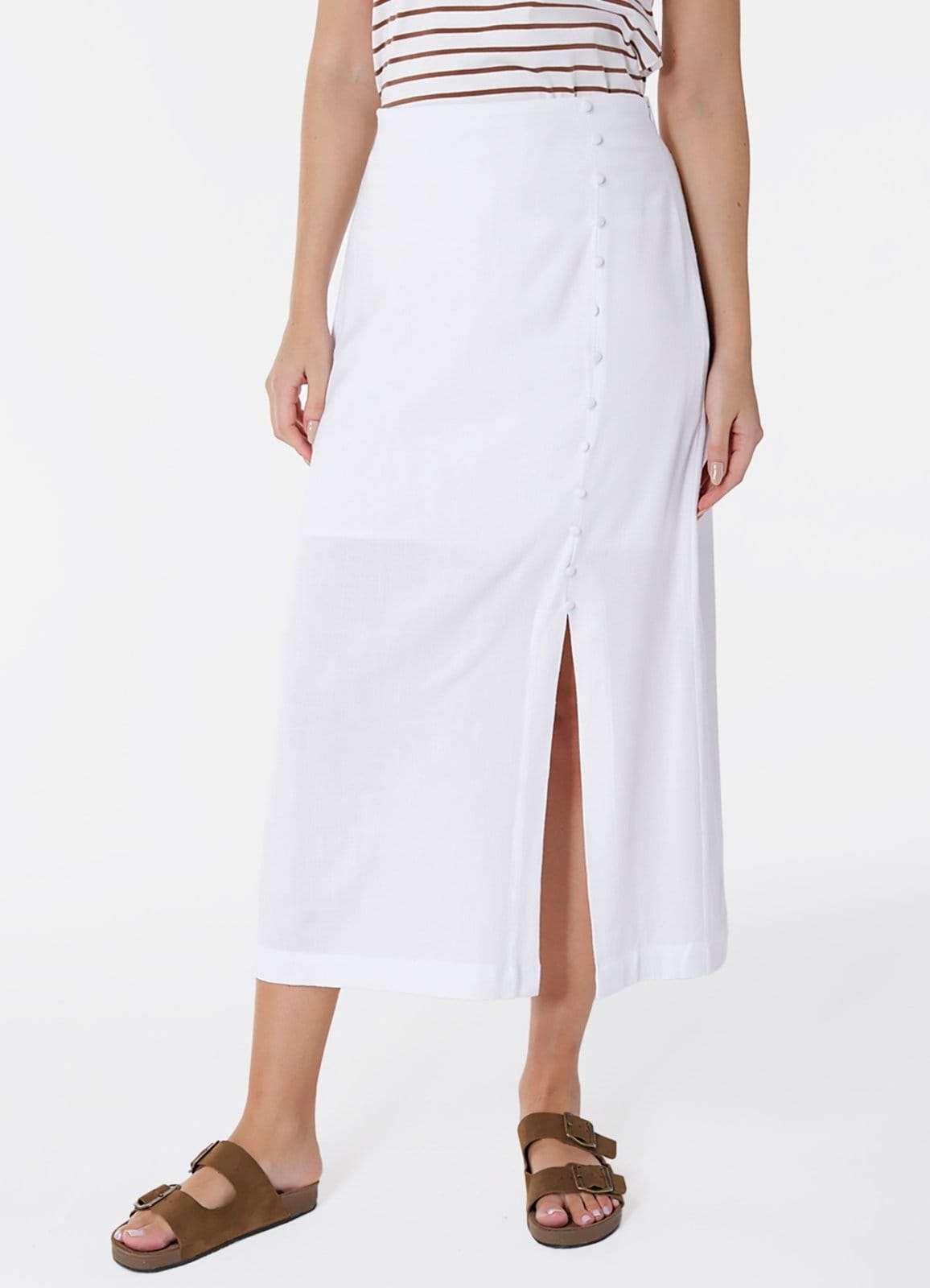 Saia de Linho Longa Branca com Fenda e Botões