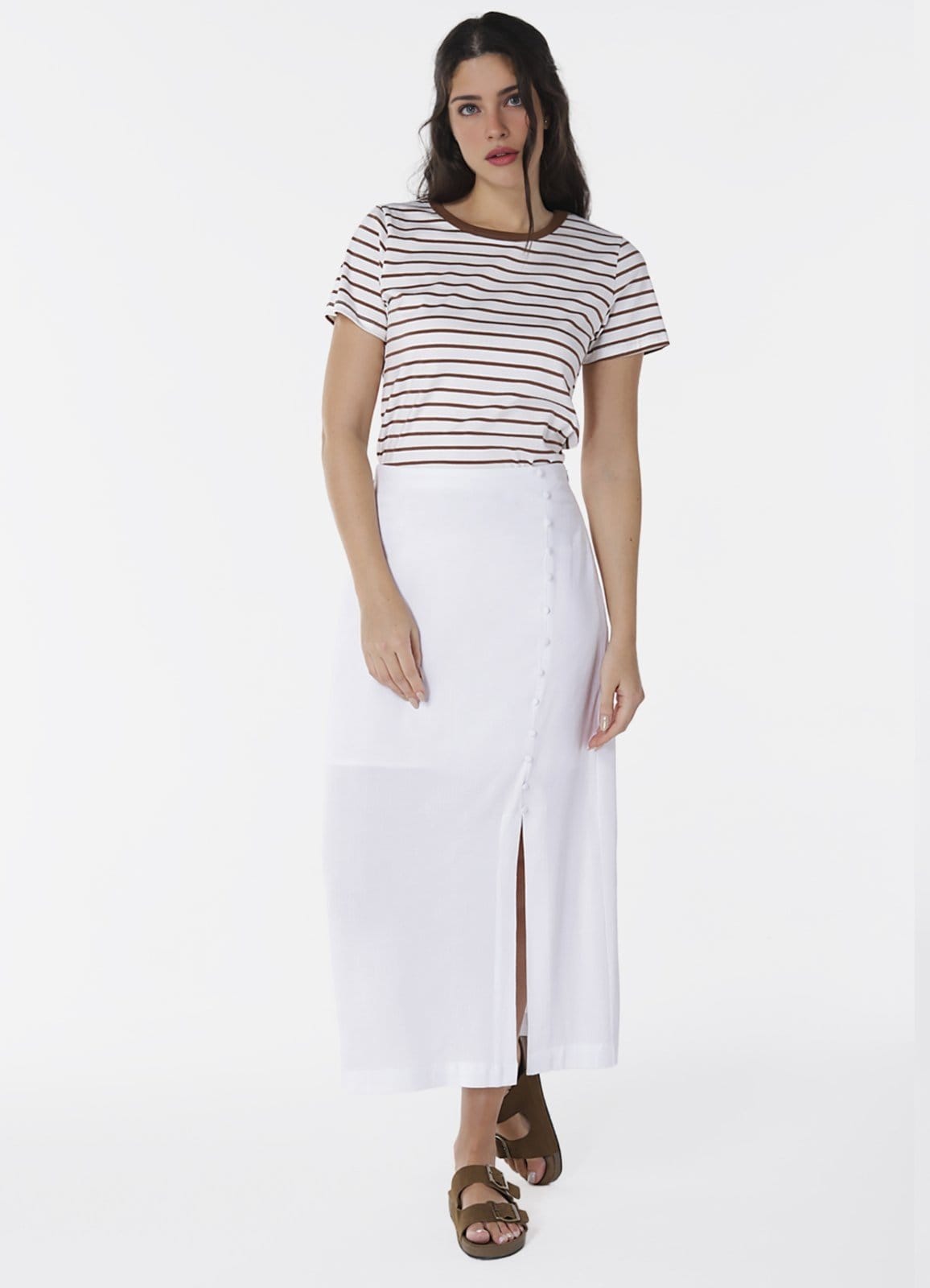 Vista 2 Saia de Linho Longa Branca com Fenda e Botões SOB branco