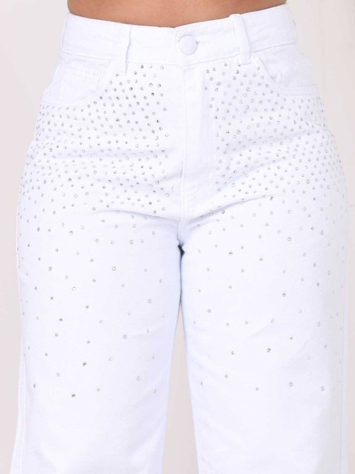 Calça Donna De Paula Wide Leg Branca Com Brilhos E Strass Cintura Alta