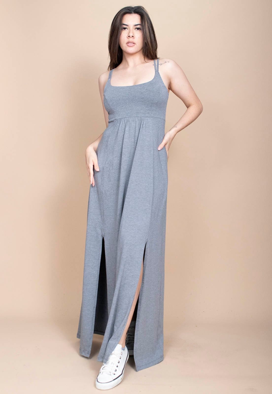 Vista 2 Vestido Cabanafree Longo Malha Mescla Cabanafree cinza