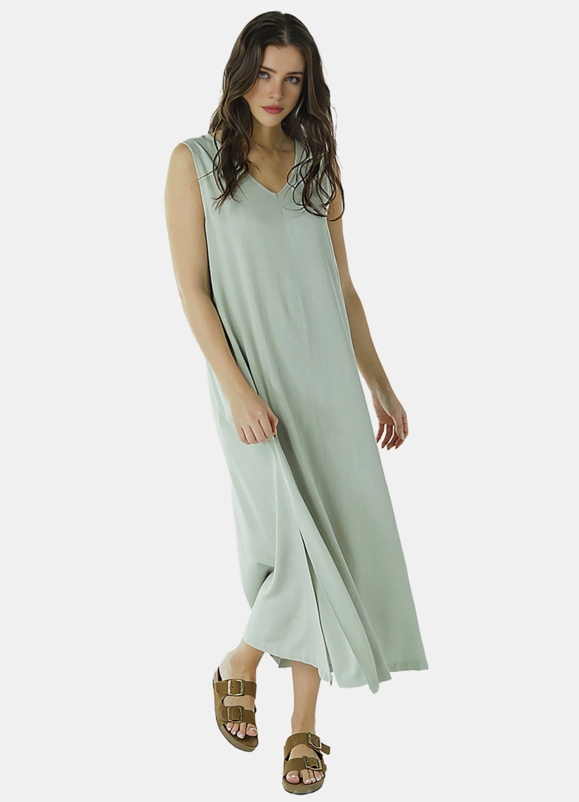 Vestido Longo de Linho Gola V com Bolsos