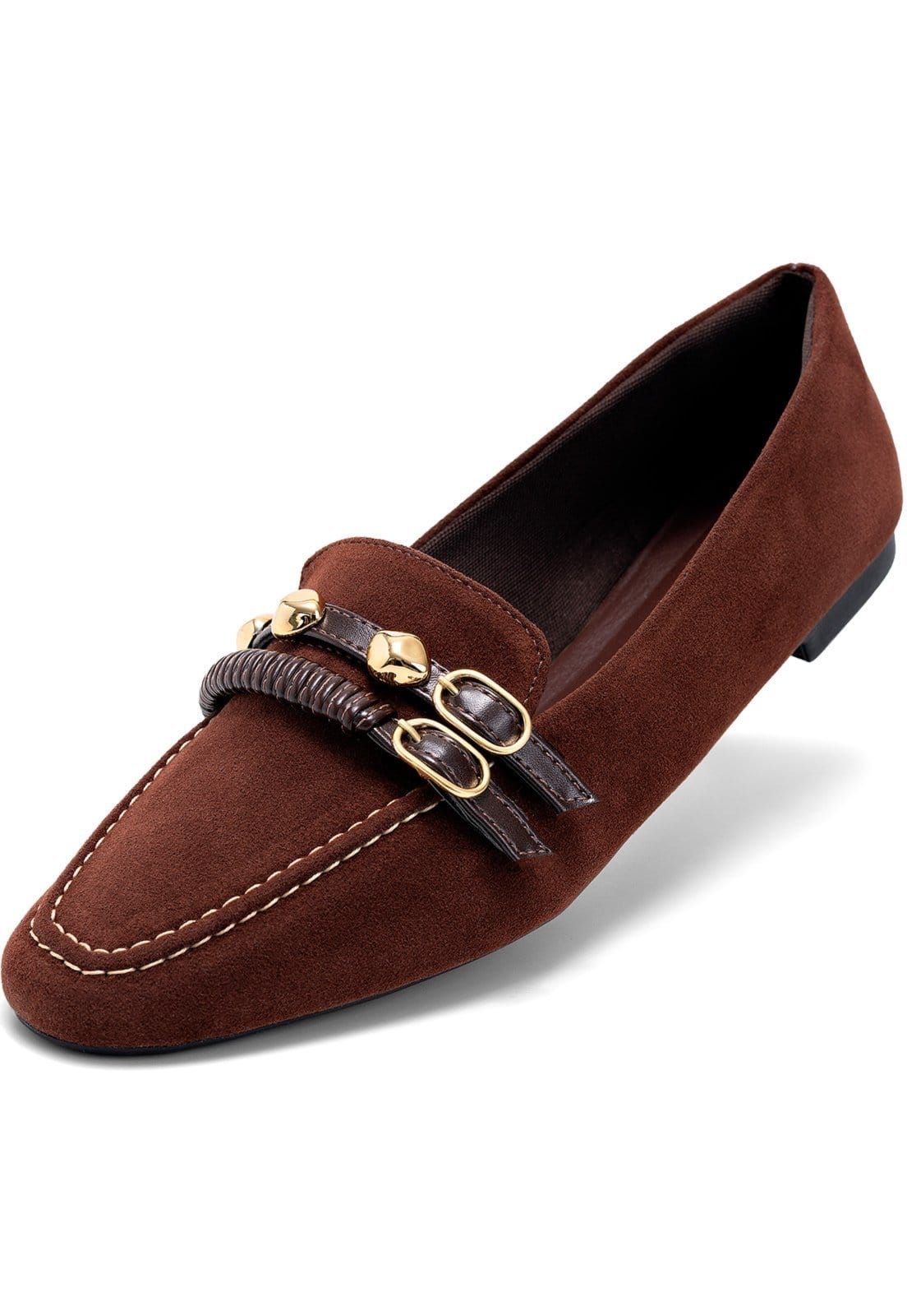 Mocassim Feminino Lumiss Camurça Baixo Bico Redondo Enfeite Metalizado Confortável