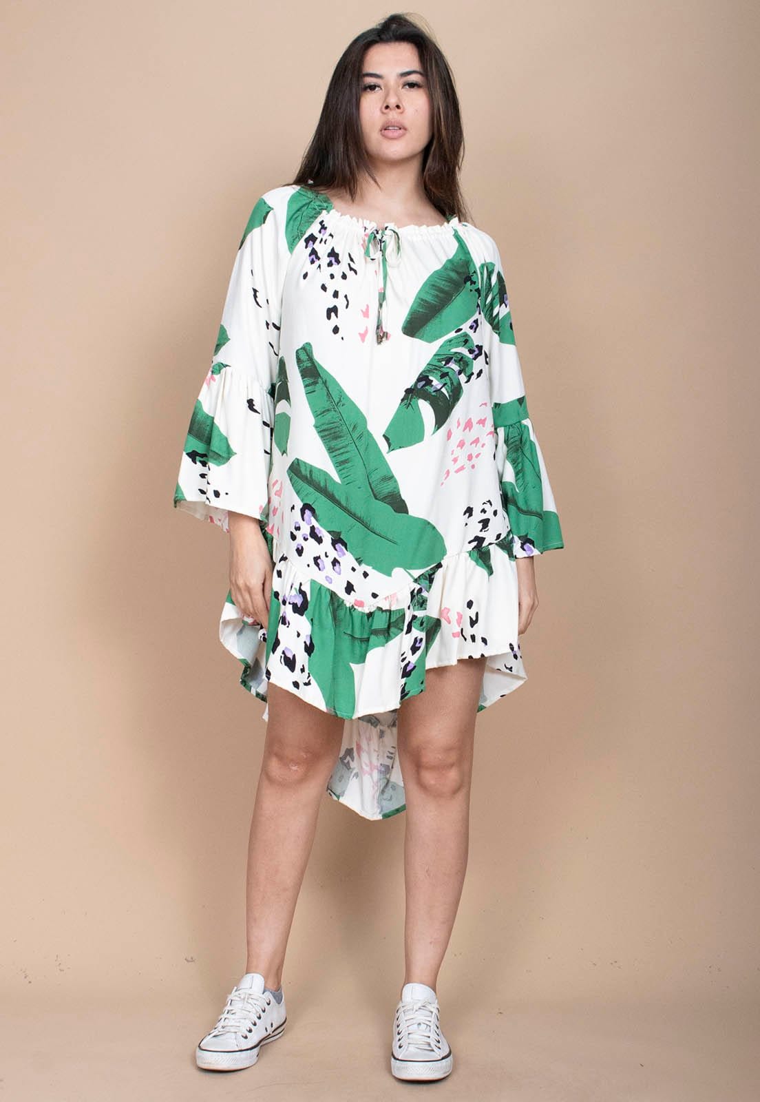 Vista 2 Vestido Curto Cabanafree Viscose Com Babados Estampa Folhagem Poética Cabanafree estampado/preto/verde