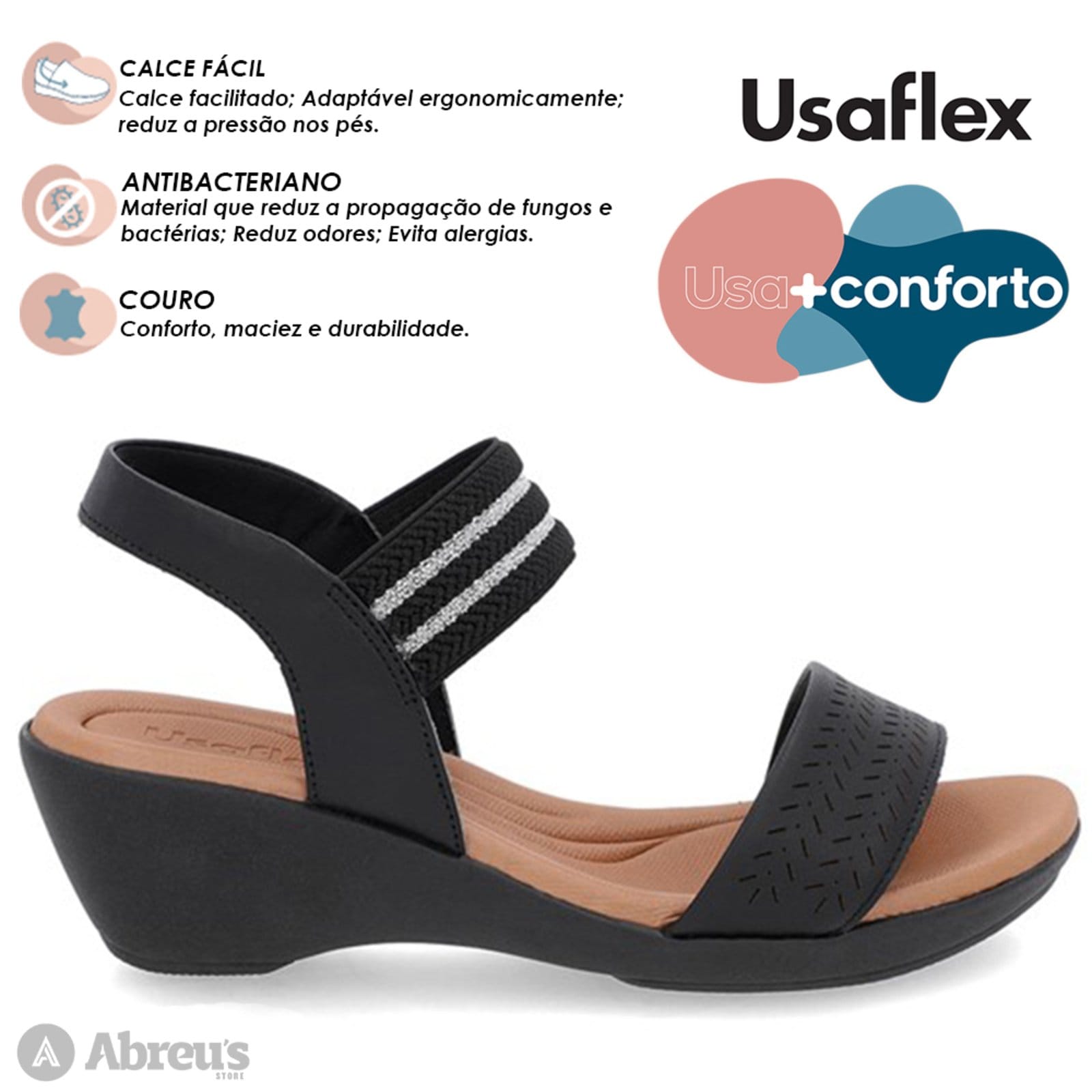 Vista 2 Sandália Anabela Usaflex Couro Tira Elástico Usaflex preto