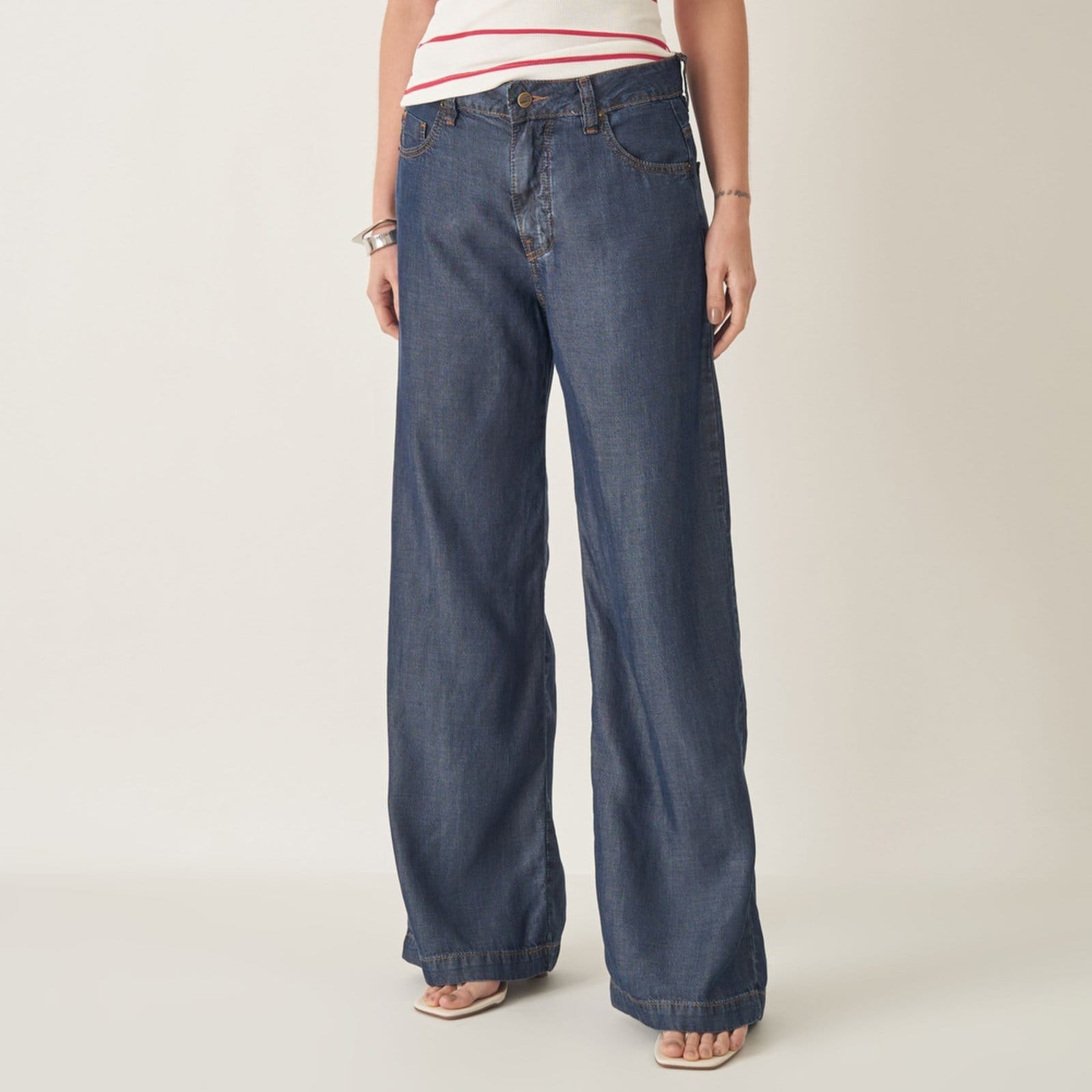 Calça Jeans Leve Tencel Pantalona Wide Azul Escuro