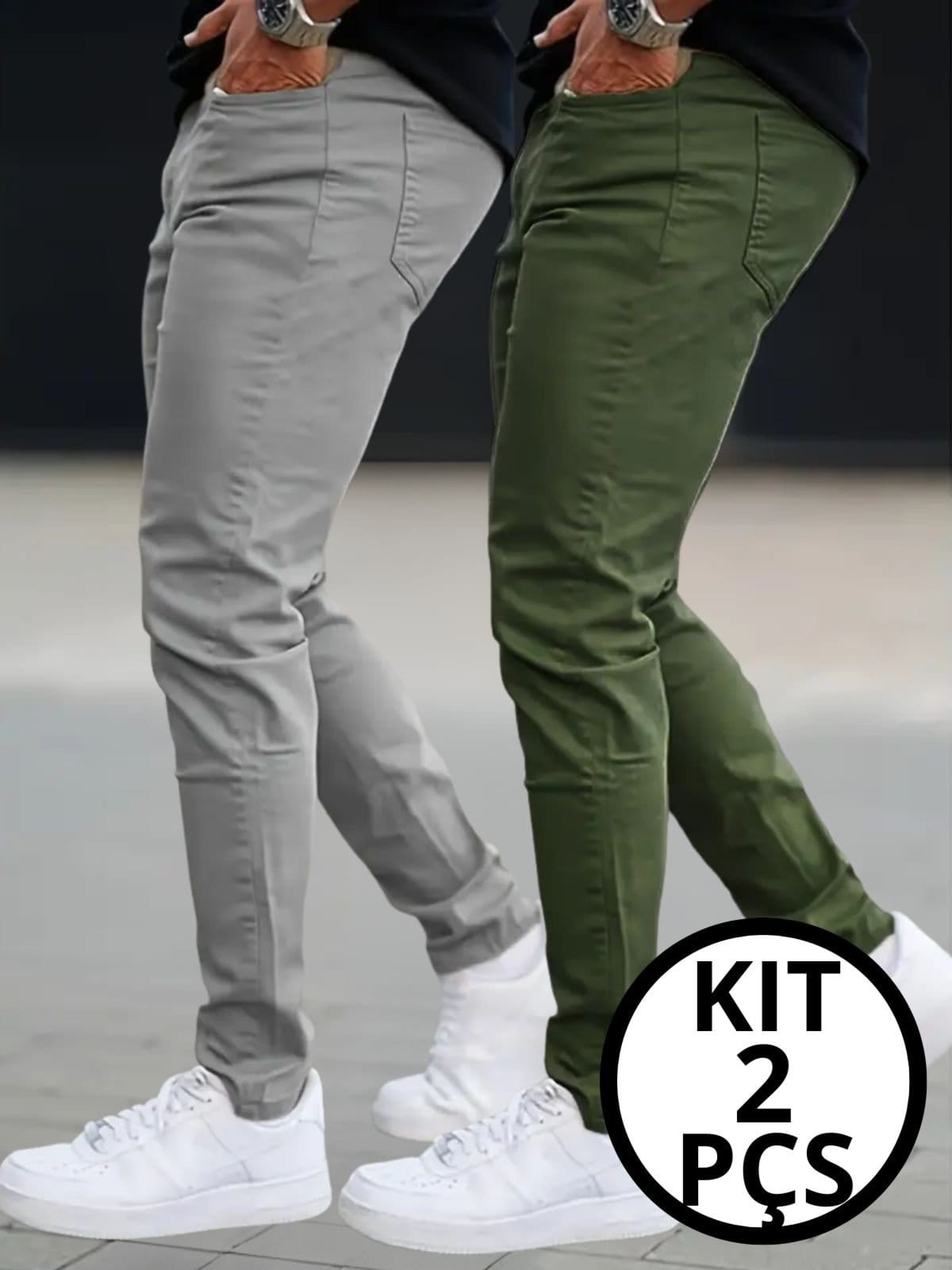 KIT 2 Calças Sarja Masculina Kovali Premium Com Elastano Confortável Bolso-Faca e Verde