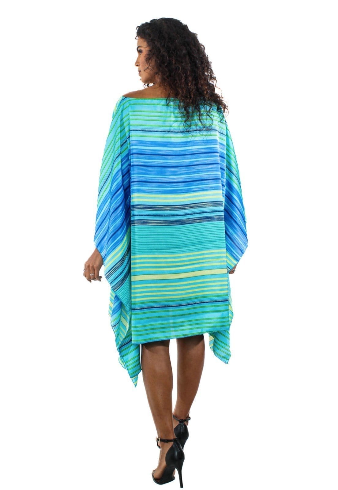 Vista 2 Vestido Kaftan Saída Amplo Crepe Acetinado Estampado Listra Verde 101 Resort Wear azul/verde verde