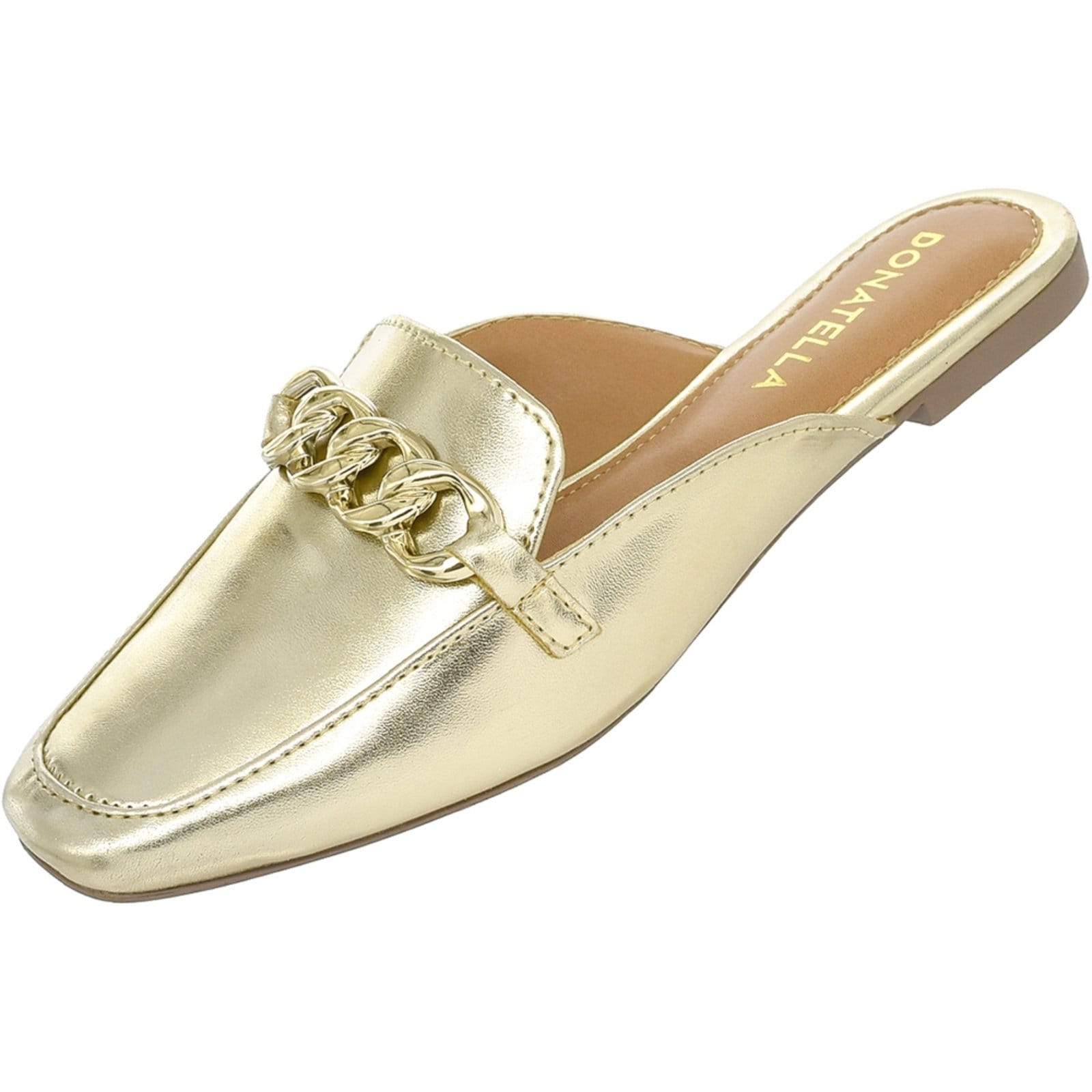 Vista 2 Sapato Mule Femino Donatella Shoes Bico Quarado Corrente Colorido Metalizado Ouro Light Monte Shoes dourado