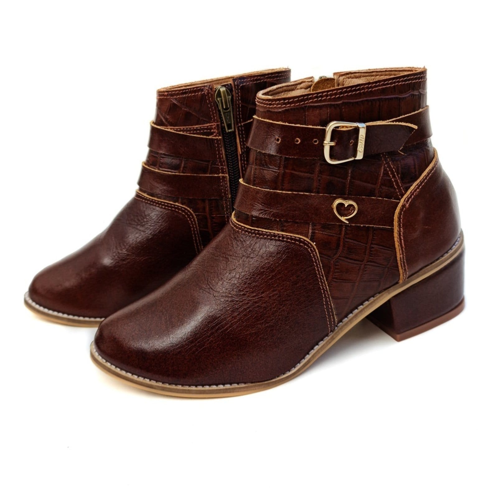 Vista 2 Bota Salto Bloco em Couro Stela Café Amo Calçados marrom